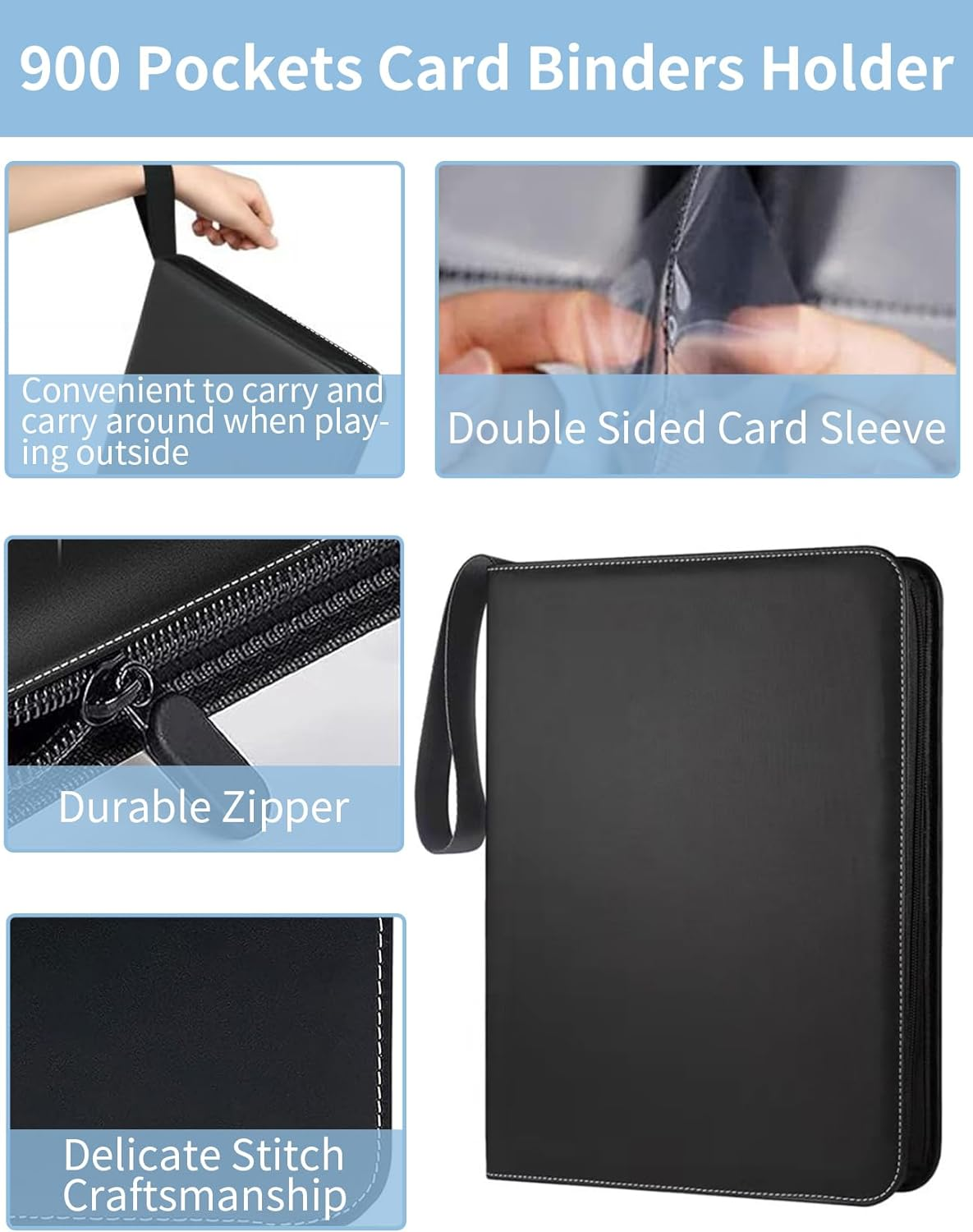 9 Pocket Card Binder, 900 Pockets Card Holder Folder Collector, Double Sided Pocket PU Card Collection Binder, Premium Zip Albums for MTG, TCG, Sports, Game Trading Cards (Green) - Blue image number 5