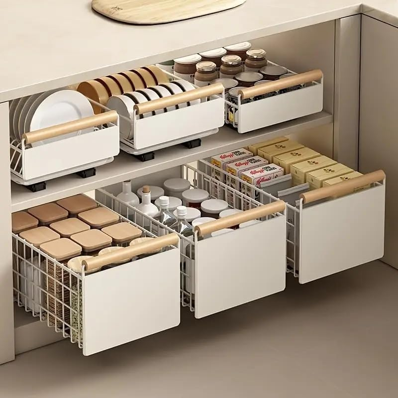 2 Pack Large Foldable Pull Out Cabinet Organizer with Wooden Handle, Slide Out Drawers for Cabinets, Peel and Stick, Heavy Duty Shelves for Kitchen, Cupboard, Pantry (2Pack Large) image number 4