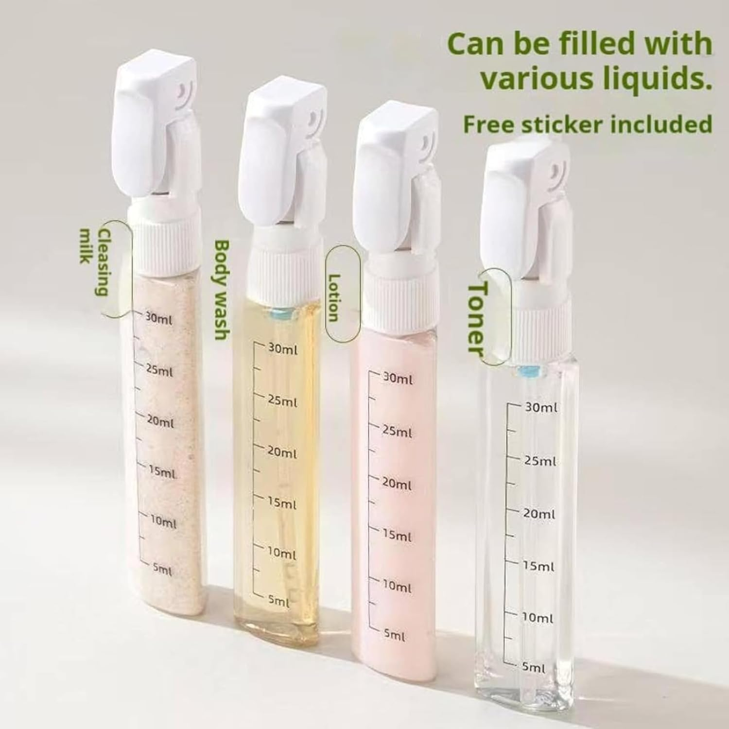 4 in 1 Travel Dispenser Bottle, Portable Containers for Shampoo Lotion Conditioner Cream, Transparent with Scale and Label for Business Trips Gym Camping (White) - White+Green image number 4