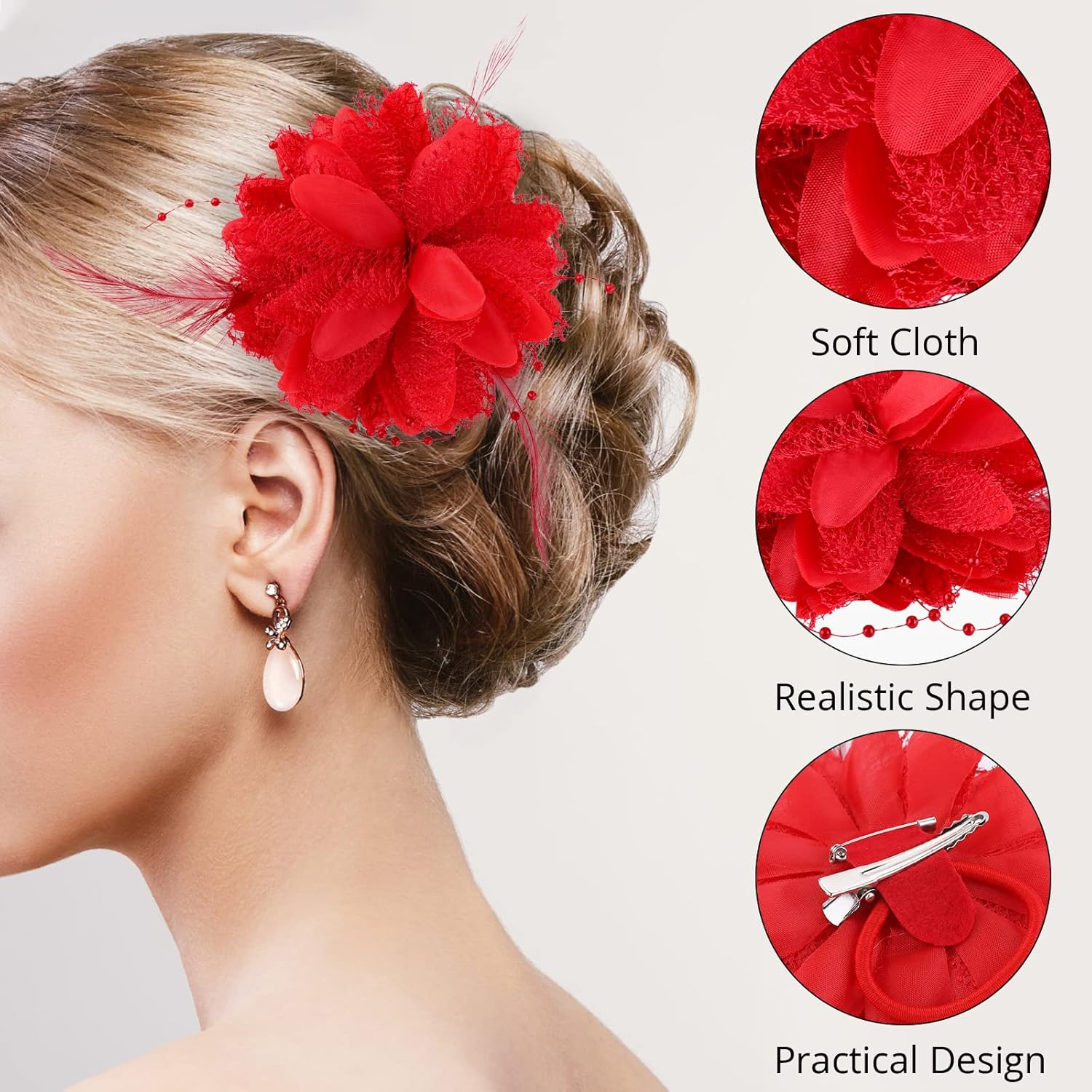 Sibba Flower Hats Clips Hairpin Barrettes Rose Hair Dress Valentines Mother'S Day Easter Headwear Headpiece Accessory Pin Floral Feather Women Girls Dresses for Travel Wedding Prom Party (Red) image number 1