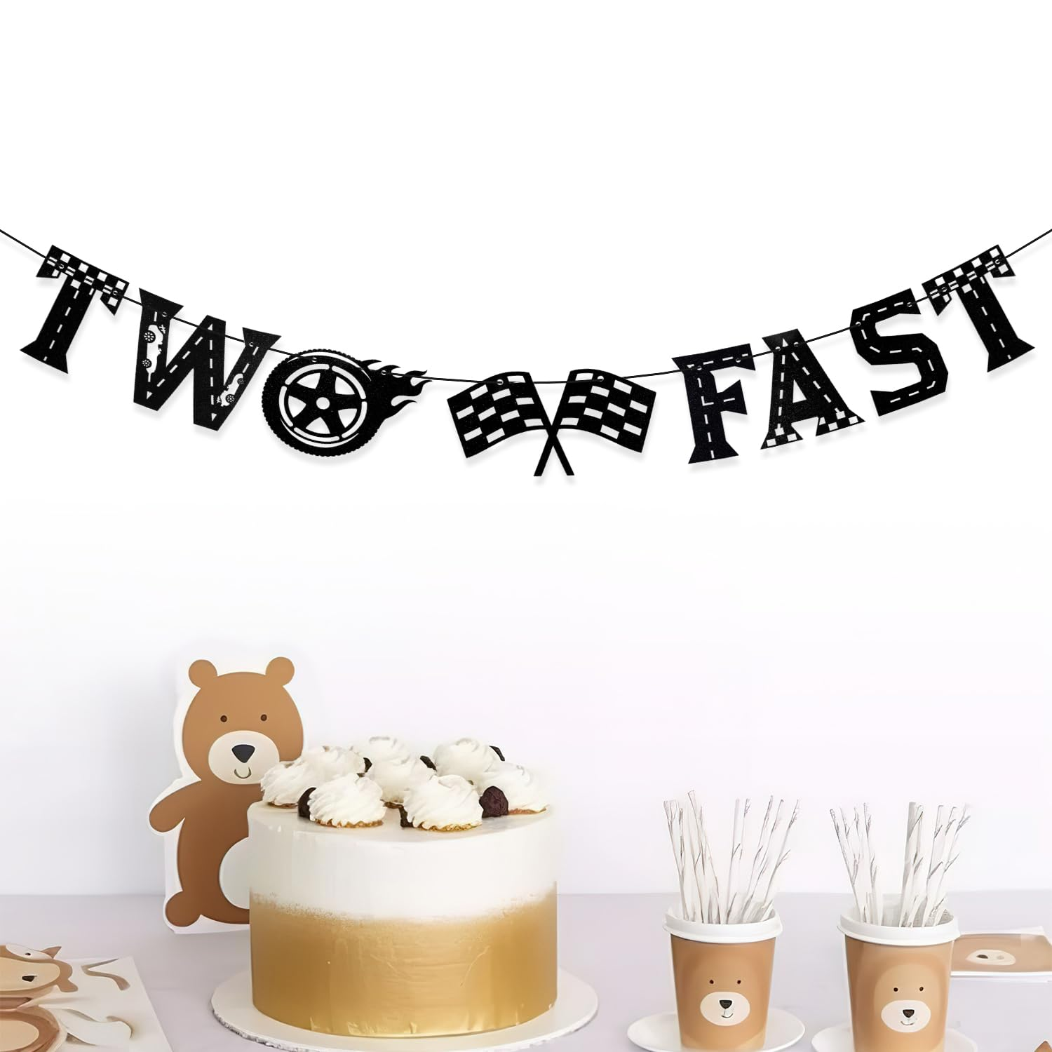 Two Fast Banner, Black Two Fast Birthday Banner Racing Car Birthday Party Decorations Paper Pre-Assembled Two Fast Birthday Decorations for Parties