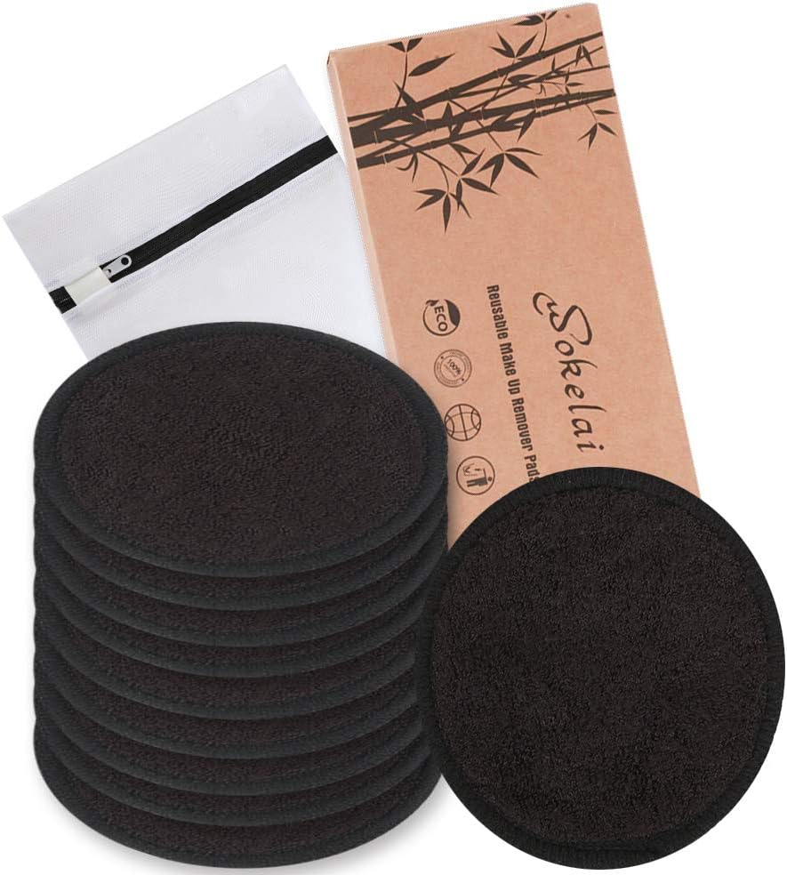 Reusable Makeup Remover Pads 10 Pcs 2-Layer 3.15 Inch Black Washable Eco-Friendly Natural Organic Bamboo Cotton round Pads with Laundry Bag Soft Facial Cleansing Cloths Toner Pads Towel Wipe for Face image number 2