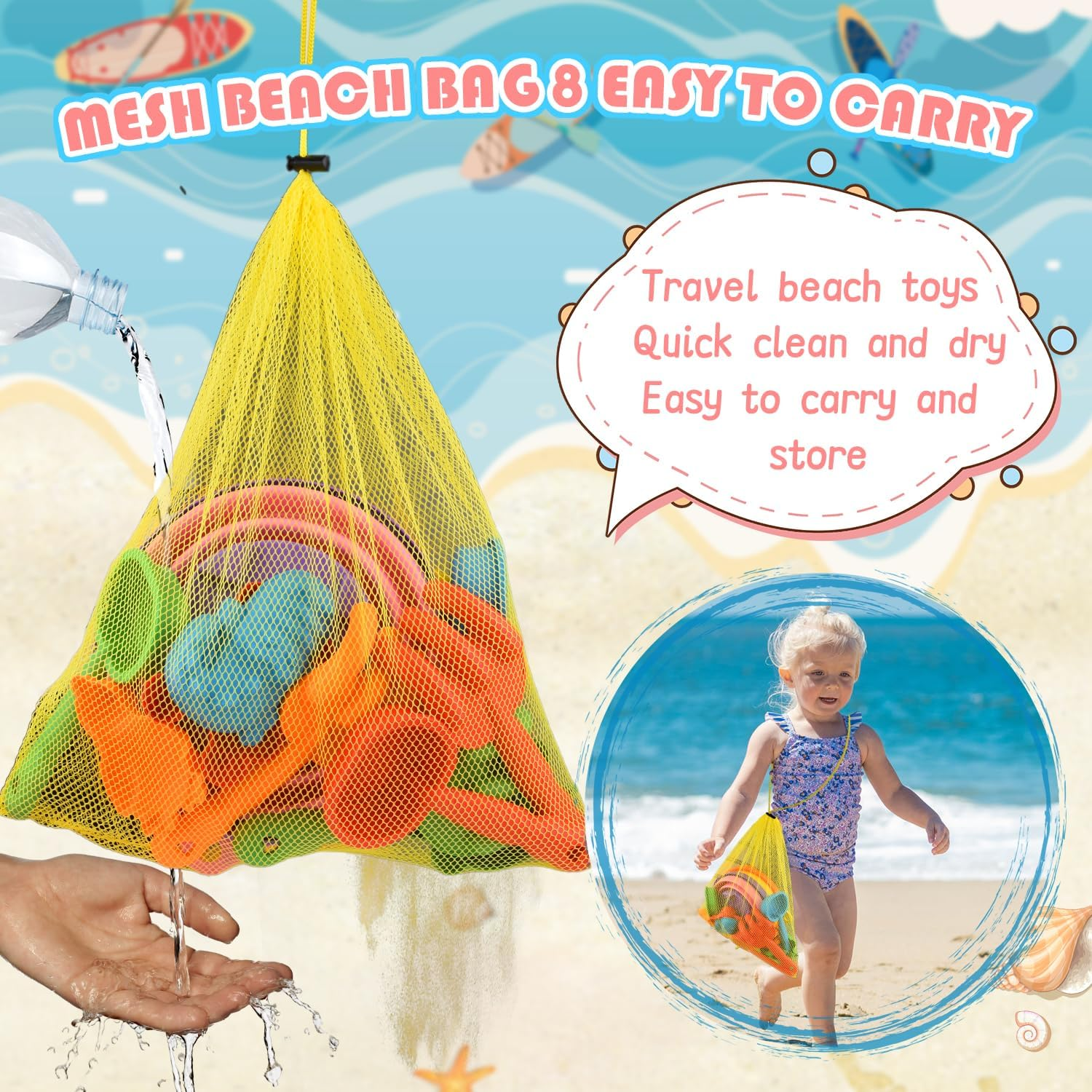 Sand Beach Toys for Kids, 3PCS Collapsible Sand Bucket, Shovel Set, Animal Molds with Big Mesh Bag, Travel Toys Fortoddlers Boys Girls Outdoor Beach Play Camping Bath Pool Water Play-14Pcs image number 1