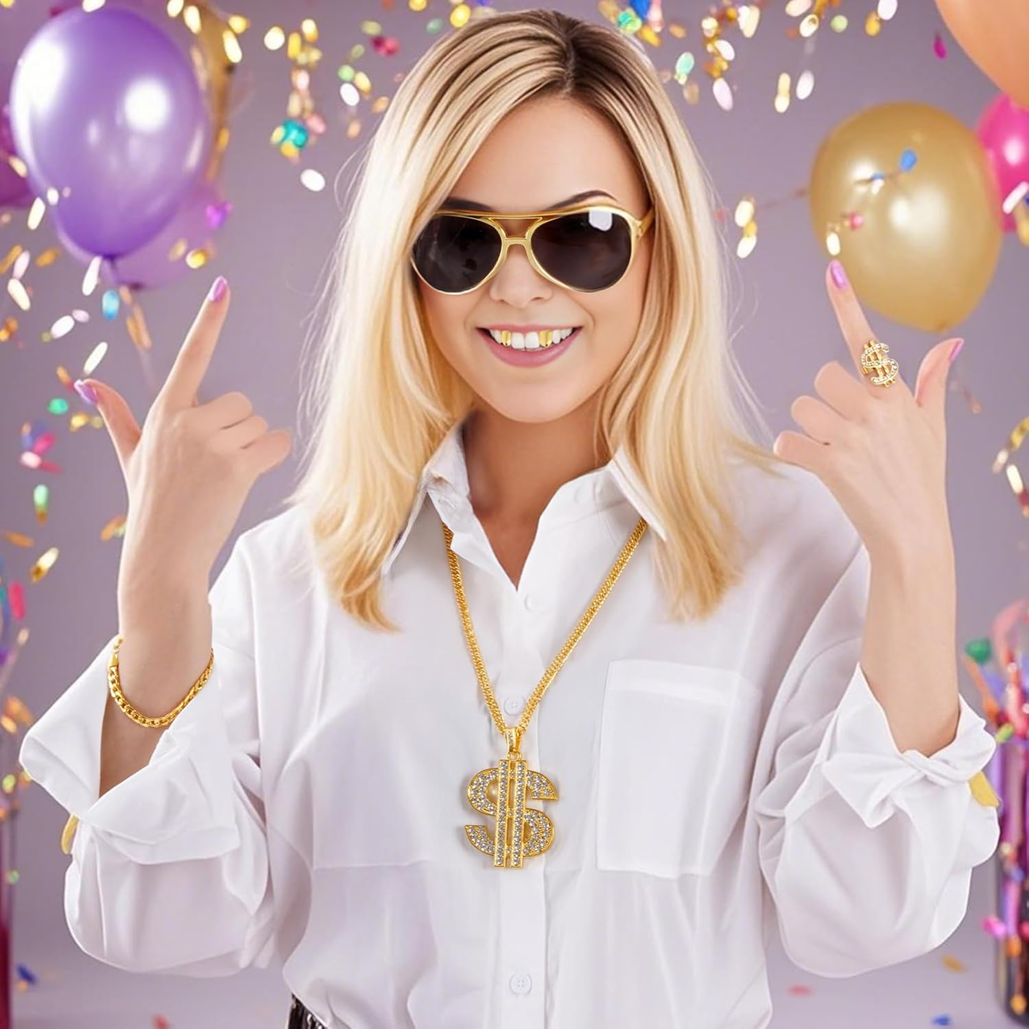 OJIOUI 6Pcs Hip Hop Costume Kit, 80S 90S Halloween Pyhot Hip Hop Costume Fake Gold Bracelet, Dollar Sign Necklace, Ring, Hippie Glasses, Gold Tooth, Rapper Accessories for Men Women image number 2