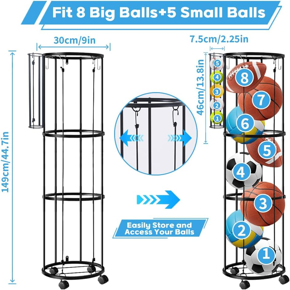 Ball Storage Rack with 4 Hooks&Wheels,150*30Cm 3 Layers Garage Ball Storage with Small Balls Basket,Ball Holder with 1 Ball Net & 2 Inflation Needles for Basketball,Soccer,Baseball&Accessorries image number 4
