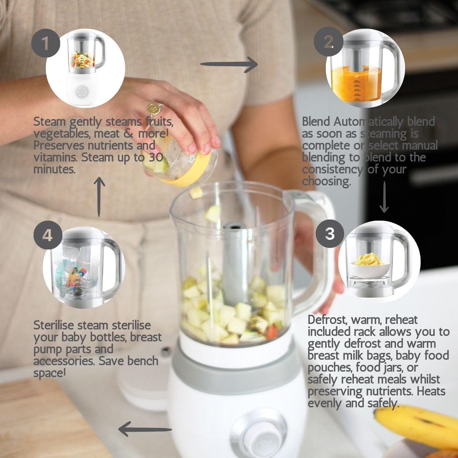 Cherub Baby Easycook Baby Food Maker Steamer Blender Steriliser & Warmer - All-In-One Baby Food Processor - BPA Free Puree Maker for Fruit Veg Meat Fish - Bottle Warmer & Breast Milk Defroster image number 4