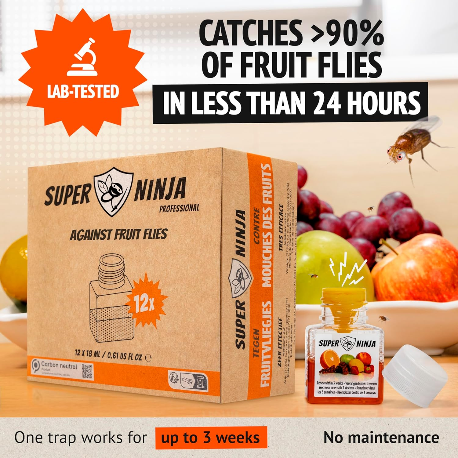 Super Ninja Fruit Fly Trap - 12 Pack, Highly Effective Fruit Fly Trap for Indoors, Home & Kitchen, up to 3 Weeks of Performance per Bottle, Kid & Pet Friendly image number 6