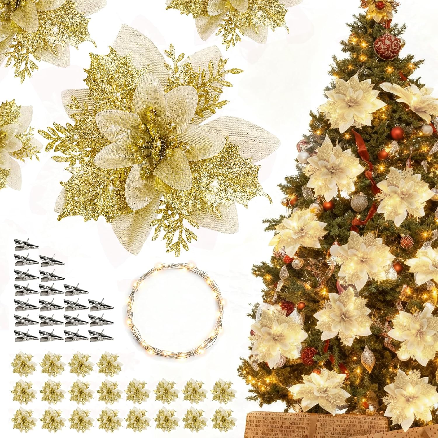 CQLITI 20PCS Artificial Poinsettia with Clips, 5M LED Light, Christmas Decor, Glitter Poinsettia, Red, Plastic, Flowers, Christmas Tree, Wreath, DIY, Xmas, Holiday, Home, Party Decor