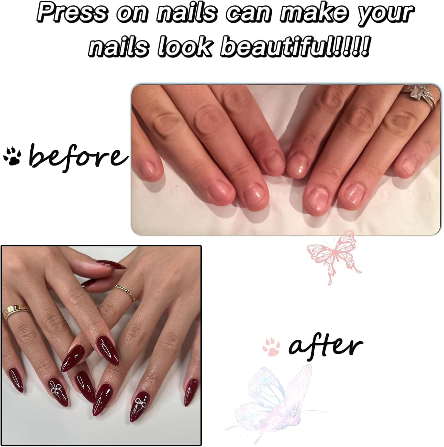 IKEEP Wine Red False Nails - Oval False Nails - 24Pcs Rose Red Fake Nails with Bowknot - Almond Press on Nail Tips with Glue, Acrylic Stick on Nails for Women Girls Nails Art image number 2