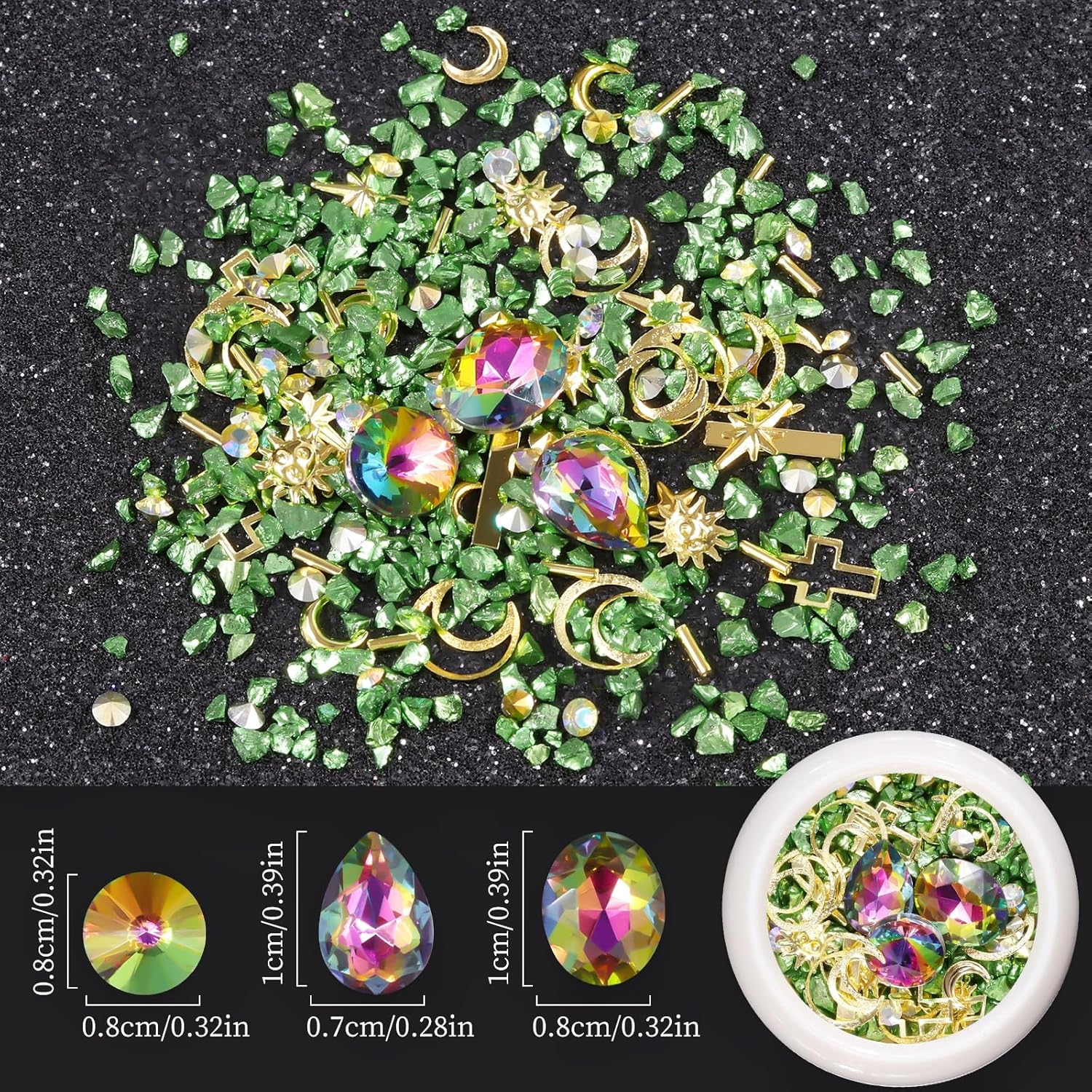 (Micro Mini Stones Kit) - Edittime 6 Wheels Mixed Sparkle Nail Art Rhinestones Diamonds Crystals Beads Artificial Pearls and Gold Silver Nail Studs Gems Metal Rivets Charms Hollow Moon Star Shaped image number 3