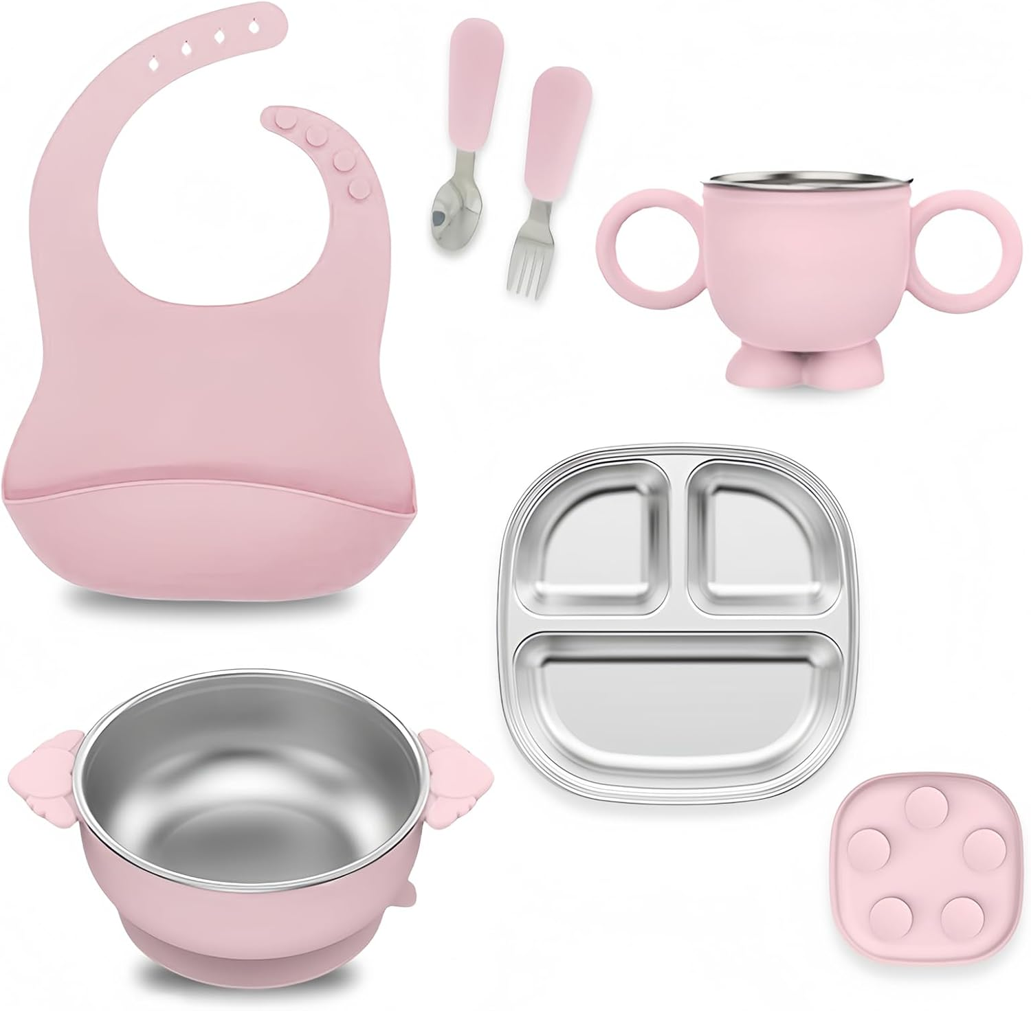 6-In-1 Stainless Steel Baby Feeding Set，Contain Deep-Divide Toddler Plates, Bowls, Cup, Utensils & Bib &ndash; Bpa-Free 304 Steel + Silicone Suction &ndash; Dishwasher Safe ﻿ image number 1