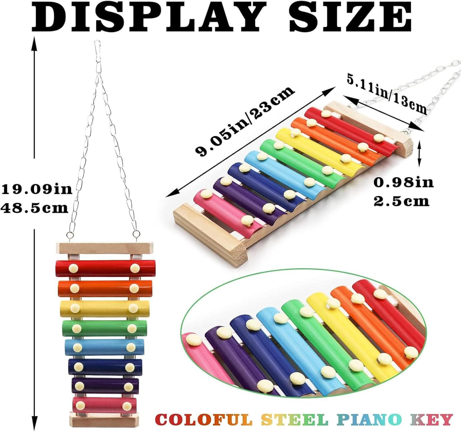 Cozioz Colorful 8-Note Bird Xylophone Toy - Hanging Musical Toy with Metal Keys for Parrots, Cockatiels, Budgies & Small Birds | Fun Cage Accessory to Stimulate Play & Mental Enrichment image number 5