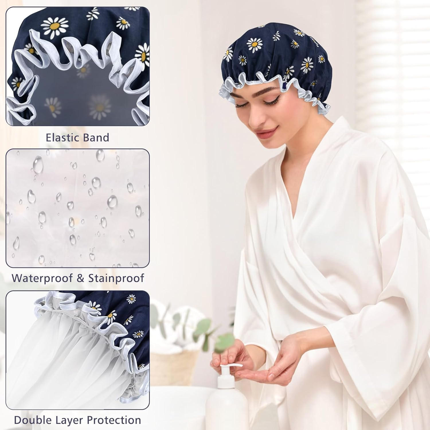 Double Layer Waterproof Shower Cap with Elastic Band, Reusable Bath Cap for Women -Large Waterproof Plastic Shower Hat for Long, Short and Curly Hairs Spa Salon (Deep Blue-Little Daisy) image number 1