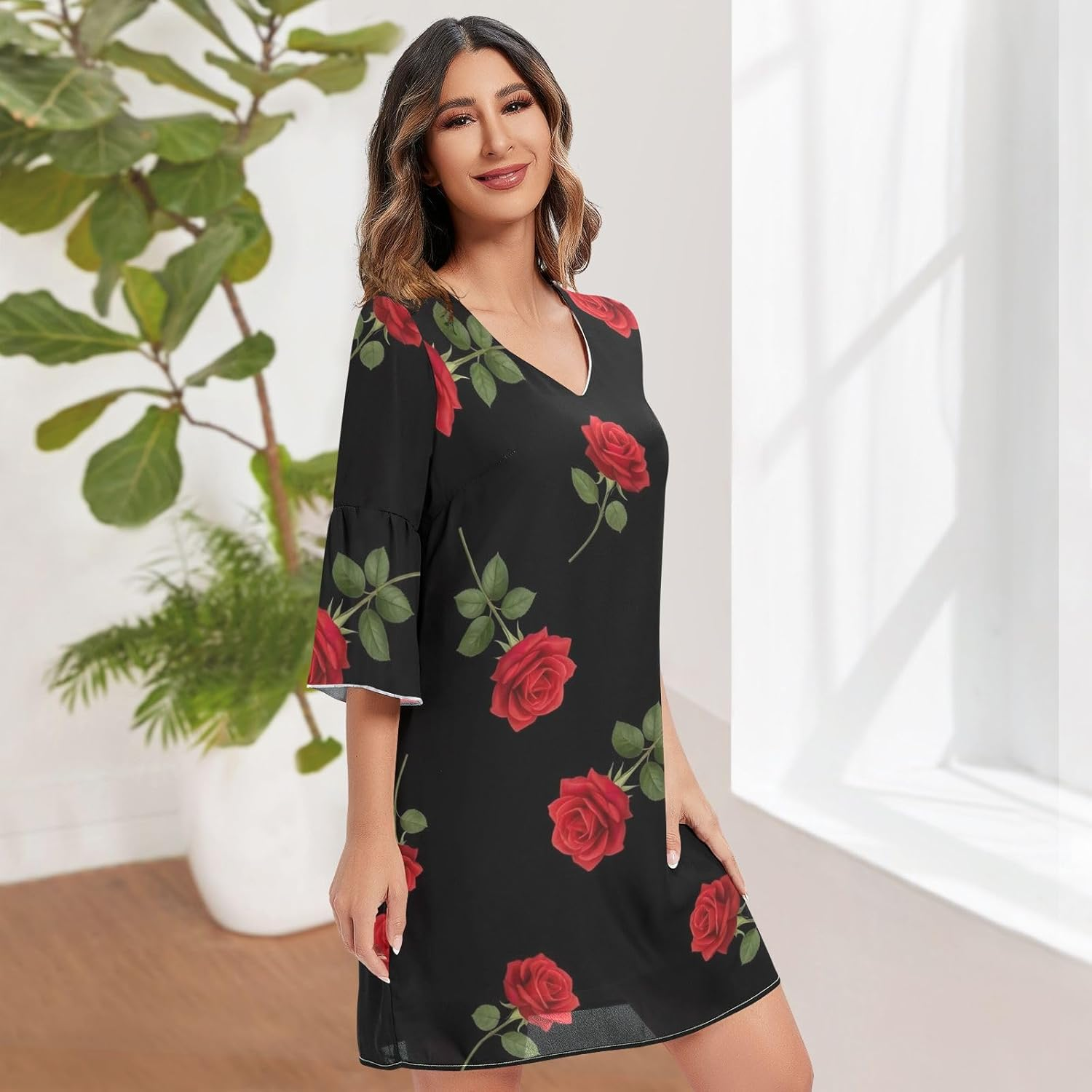 Red Roses Green Leaves Black Western a Line Dress Printed Line Maternity Dress image number 4