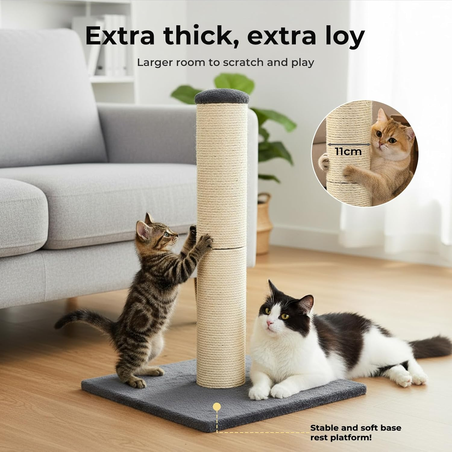 Pawz Cat Scratching Post for Indoor Cats and Kittens, 74.5Cm Soft Plush Cat Scratcher Tower with Durable Natura Sisal Rope, Stable Heavy Base, Vertical Cat Activity and Climbing Post, Grey image number 2