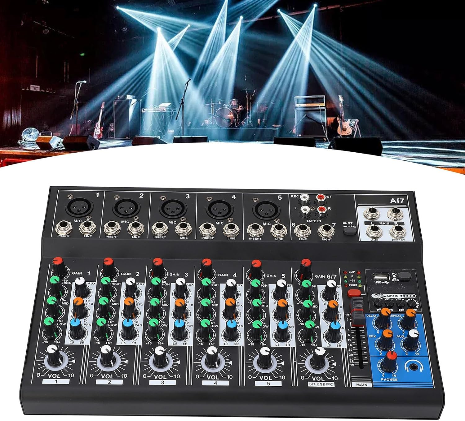 7 Channel Bluetooth Audio Mixer, Low Noise Streaming Mini Line Mixer, Ultra Slim DJ Sound Controller with LED Light, for Home Stage Live Streaming image number 5