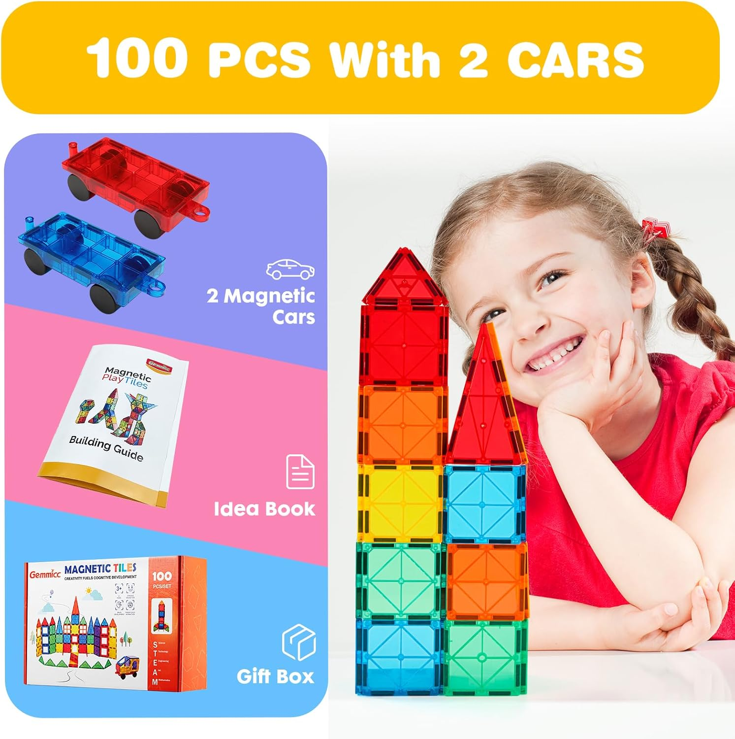 Gemmicc 100 PCS Magnetic Tiles with 2 Cars, STEM Approved Educational Magnet Buildingtoys, Magnet Puzzles Stacking Blocks for Boys Girls