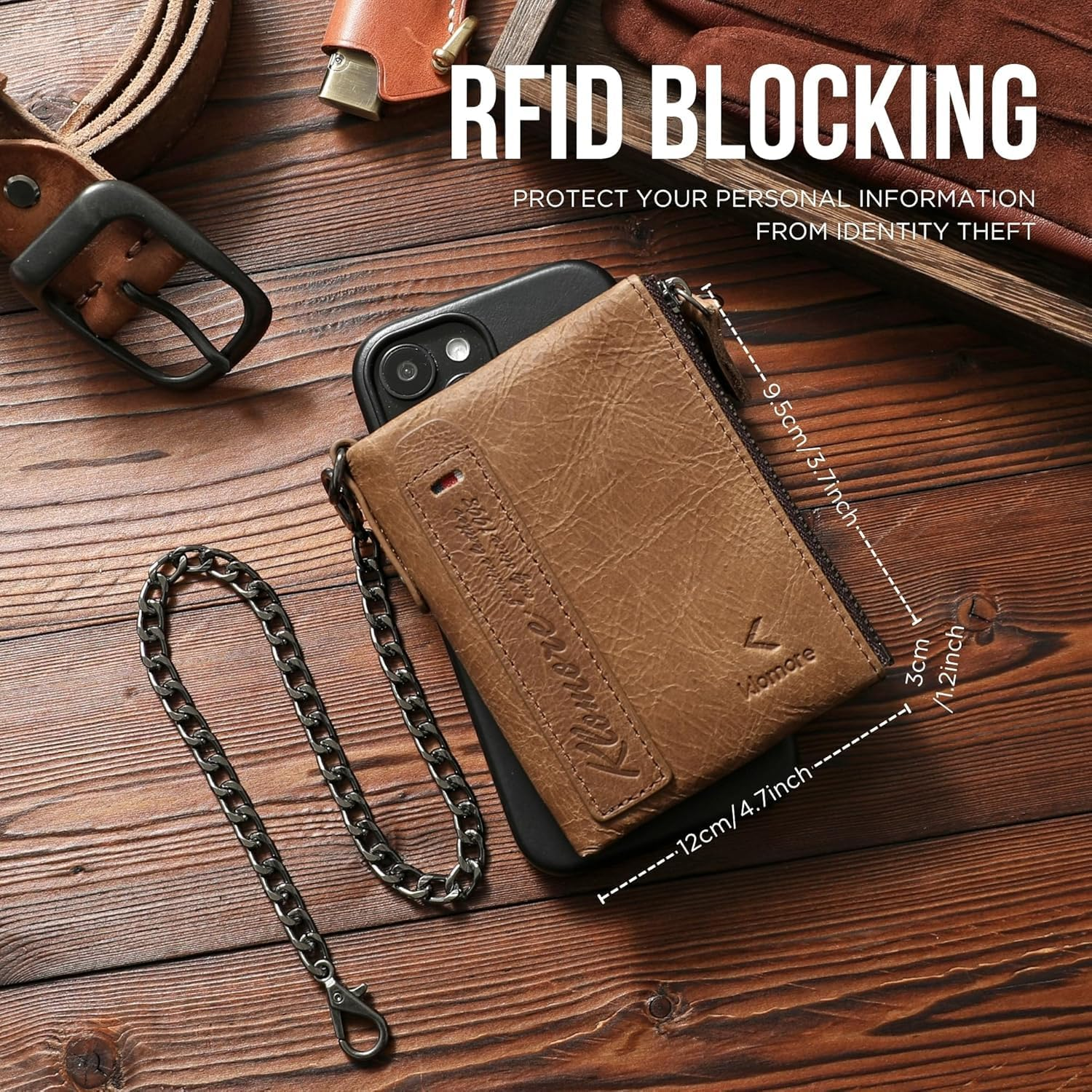Chain Wallets for Men Leather, Zipper Wallet with Chain, RFID Blocking Bifold Mens Vintage Large Purse Credit Card Holder Gifts for Men image number 3