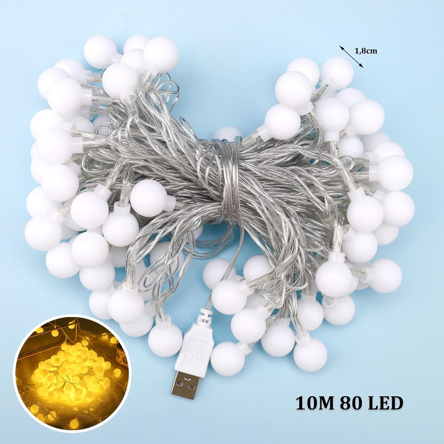 ENLACE LED Globe Fairy Lights, 10 M, 80 LED Fairy Lights, Balls, Warm White, USB Operated, Ball Fairy Lights for Wedding, Party, Christmas, Balcony Decoration, Camping, Indoor and Outdoor Use image number 2