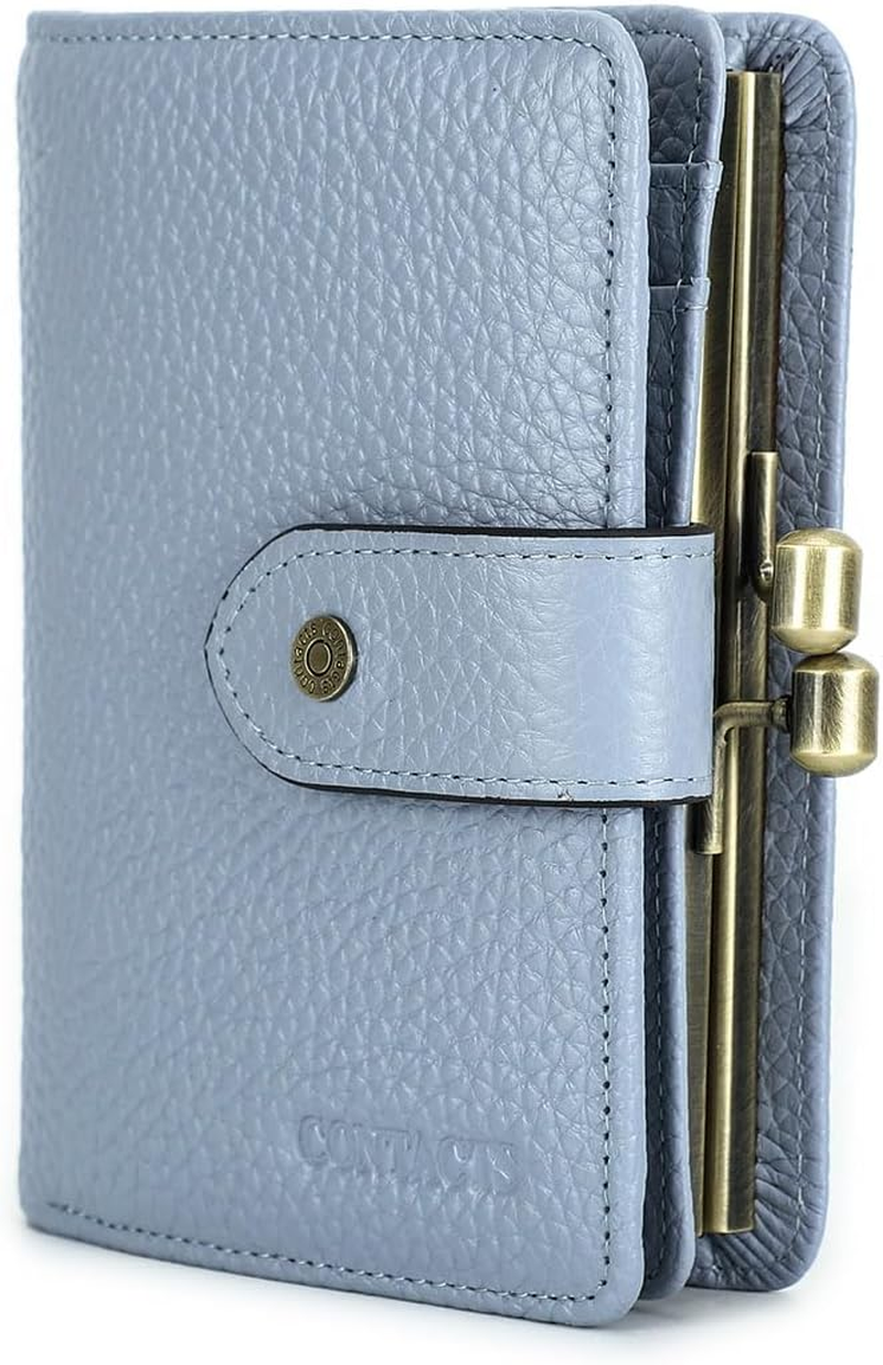 Full Grain Leather Kiss Lock Wallet for Women Kiss Clasp Coin Purse Vintage Bifold Card Holder RFID Wallet, Bean Paste Pink, Vintage