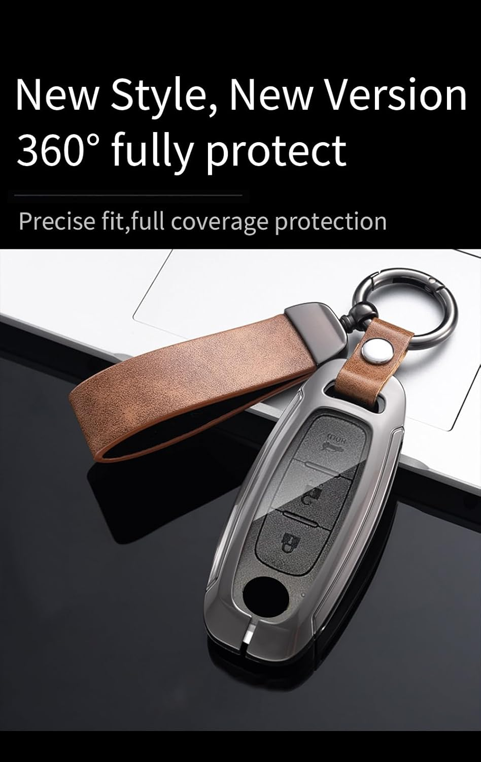 Ontto Metal Leather Car Key Fob Cover Fit for Nissan Ariya Qashqai X-Trail Epower Juke Teana 2023 2024 Smart Key Holder Case Keyring Shell Bag Keychain Auto Styling Accessories - Long Keychain-Black image number 4