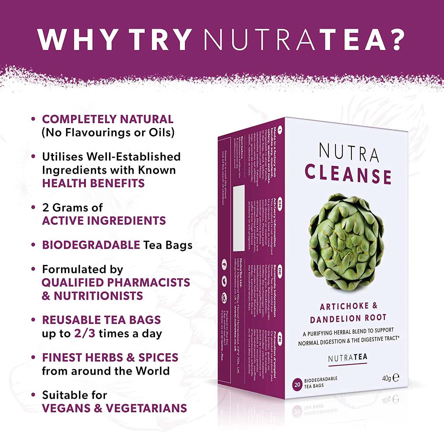 NUTRACLEANSE - Detox Tea | Cleanse Tea - Helps Relieve Constipation & Encourage Digestion - Includes Dandelion Root, Artichoke & Milk Thistle - 20 Enveloped Tea Bags - by Nutra Tea - Herbal Tea image number 5