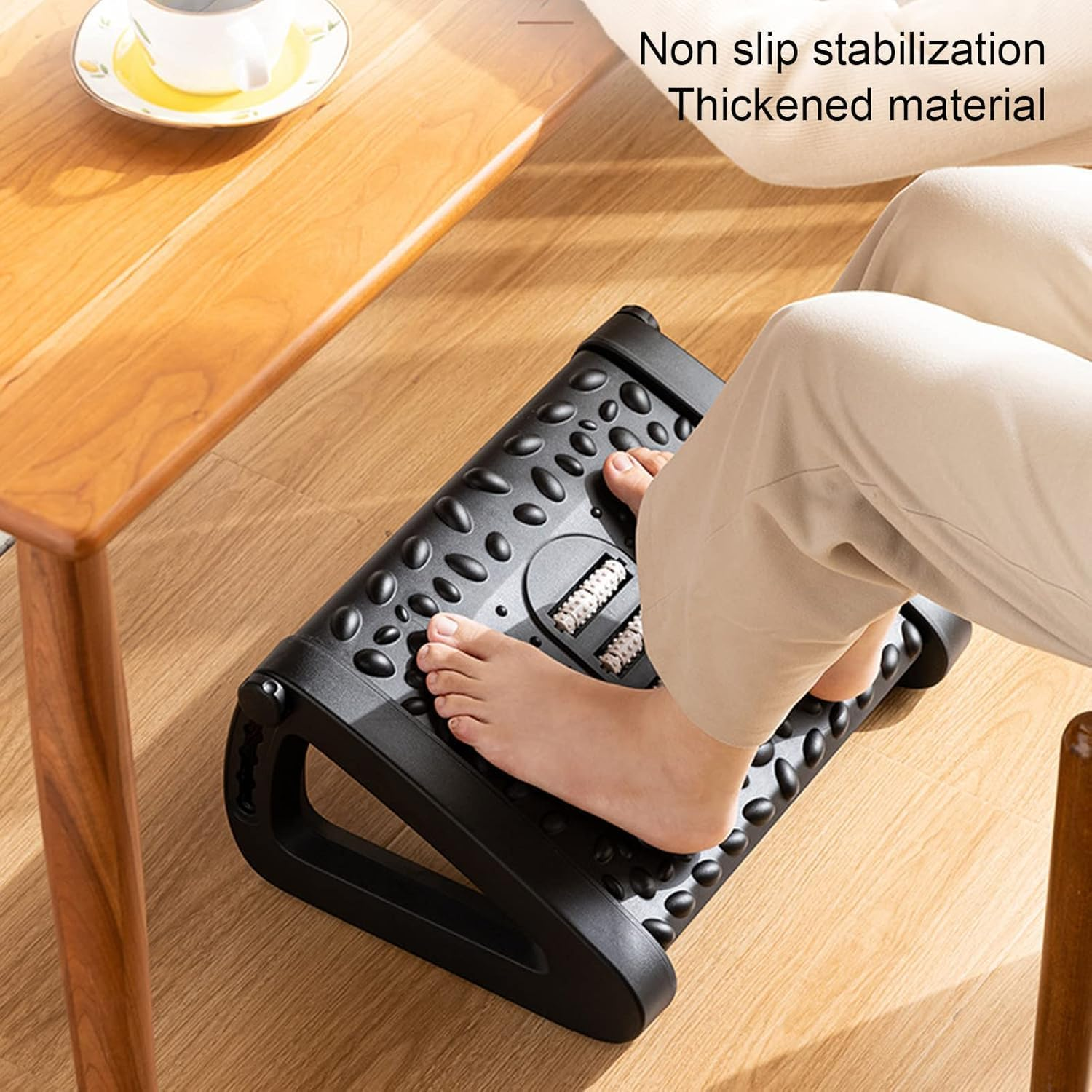Adjustable Footrest under Desk, 6 Height Adjustable Ergonomic Comfort Foot Stool at Work with Massage Texture and Roller, Foot Support for Home & Office (Black) - Black image number 6