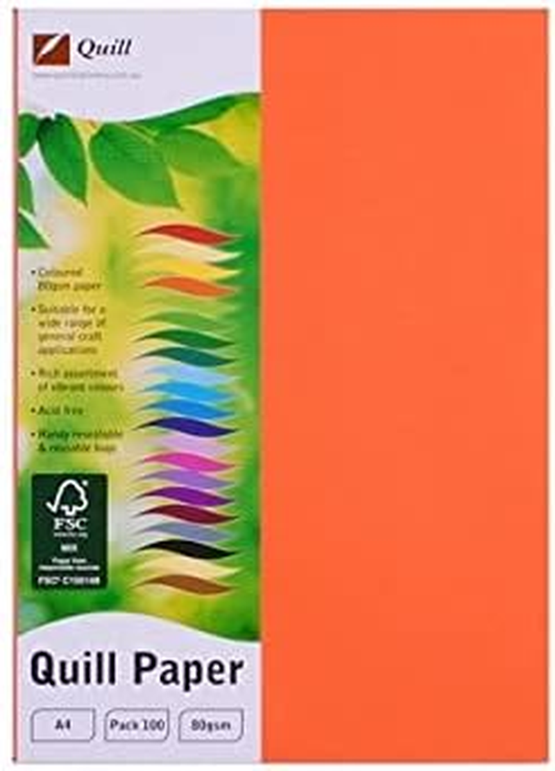 Quill A4 Orange Coloured Paper 80 GSM &ndash; 100 Sheets Acid Free Matte Copy Paper for Crafts, Printing & School Projects