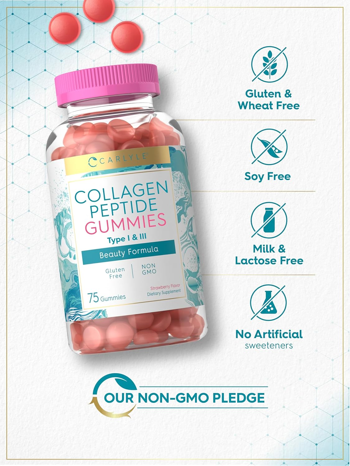 Carlyle Collagen Gummies | 180 Count | Type 1 & 3 | Strawberry Flavor Beauty Supplement | Hydrolyzed Collagen for Women & Men | Non-Gmo, Gluten Free image number 6