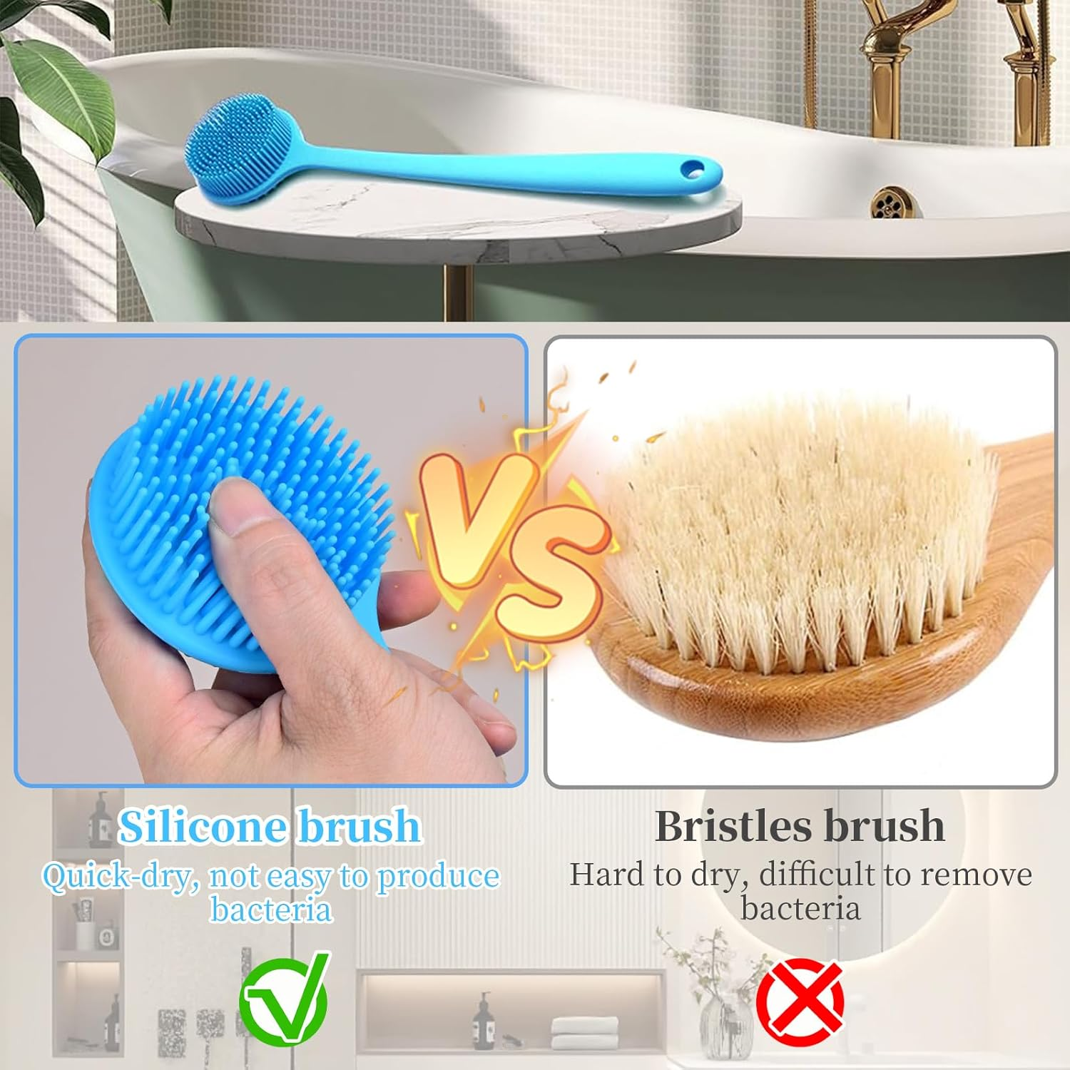 Silicone Back Scrubber for Shower, Double Sided Shower Brush for Shower Exfoliating and Massage, Body Bath Brush with Long Handle, Long Handle Back Scrubber for Men and Women, Exfoliation Brush (GRY) - Gry image number 4