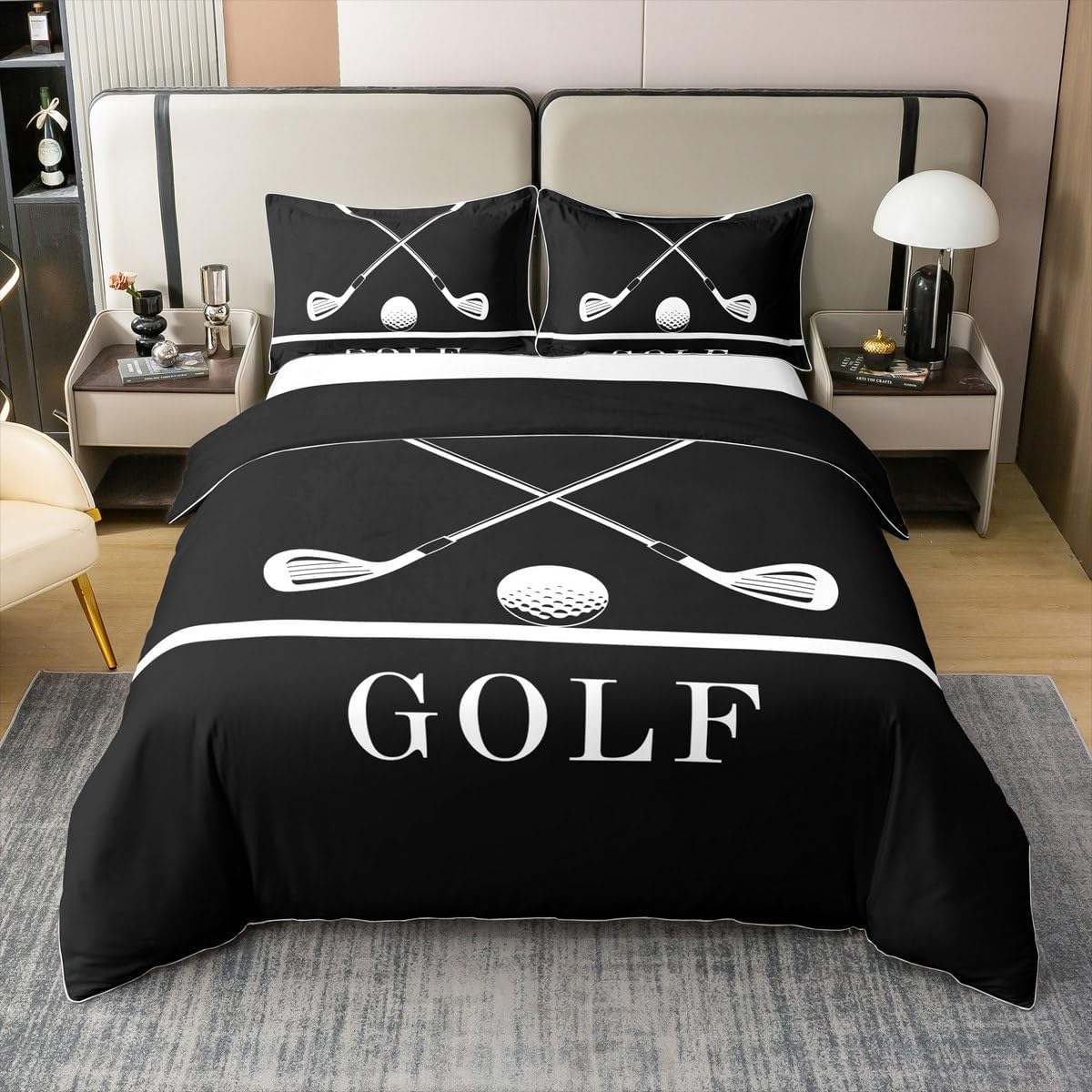 Golf Print 100% Cotton Bed Linen Set, Golf Clubs Pattern Duvet Cover 155 X 220 Cm for Children, Teens, Adults, Sports Game Theme Bed Set, Sports Lovers Duvet Cover with 1 Pillowcase for Bedroom image number 2