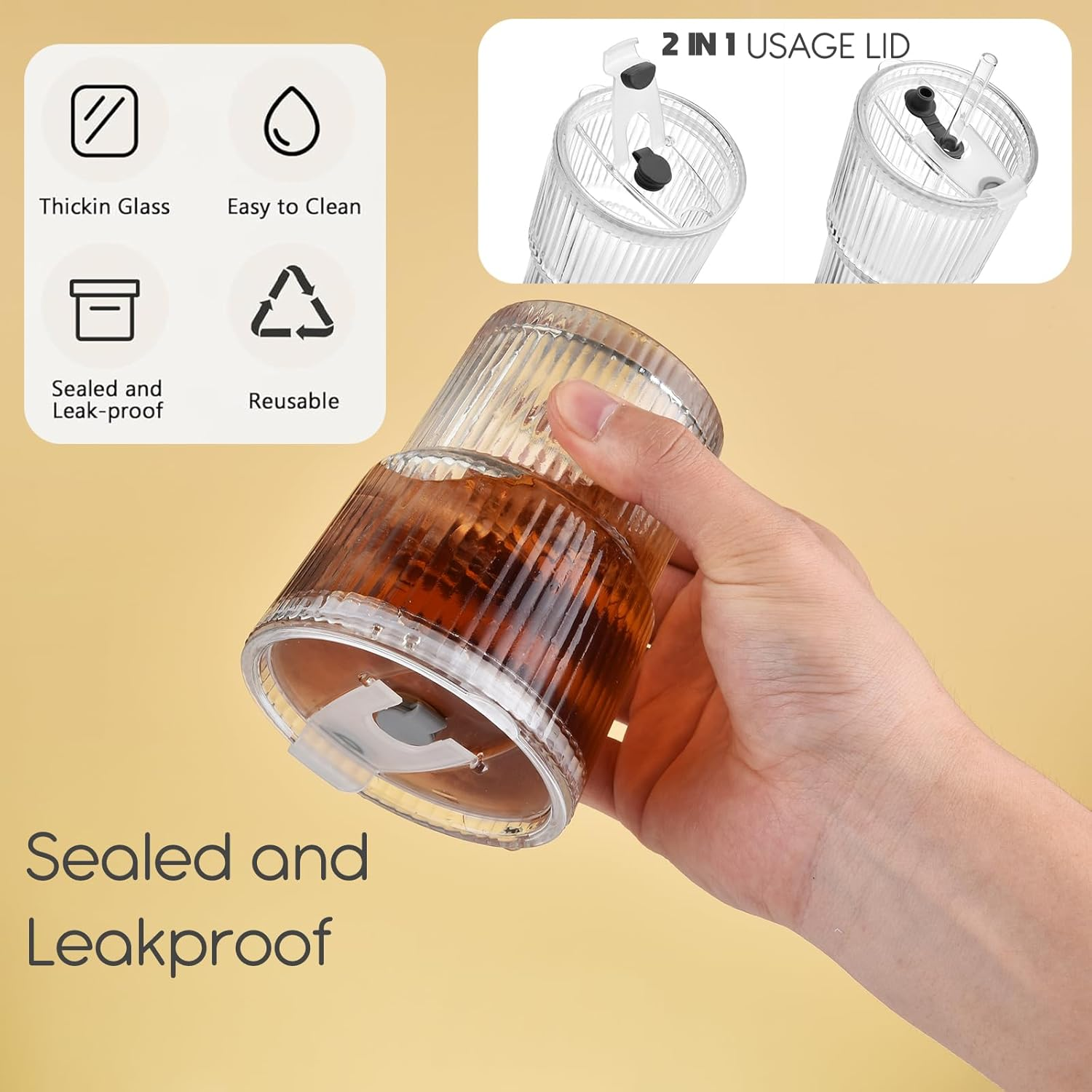 14Oz Glass Tumblers with Lids and Straws, Set of 2 - Stylish Ribbed Design Drinking Glasses for Iced Coffee Cups, Juice, Smoothies, Cold Beverages, Includes Cleaning Brush, Durable Glassware image number 4