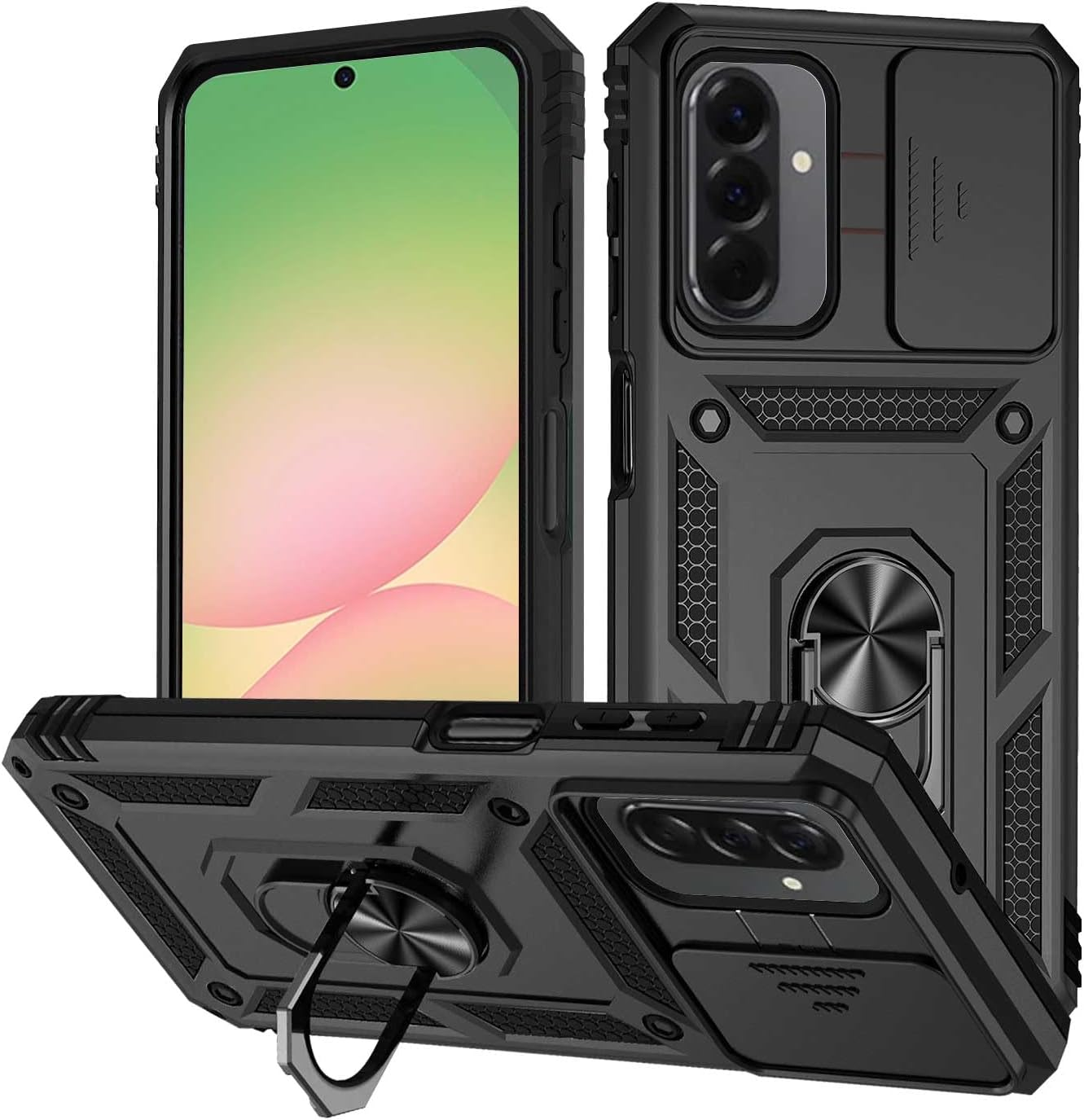 T Tersely Shockproof Case Cover for Samsung Galaxy A36/A56 5G (2025), Anti-Fall Drop Protection, Built-In Slide Anti-Scratch Camera Lens Cover, Integrated 360 Degree Rotating Ring Kickstand, Black image number 4