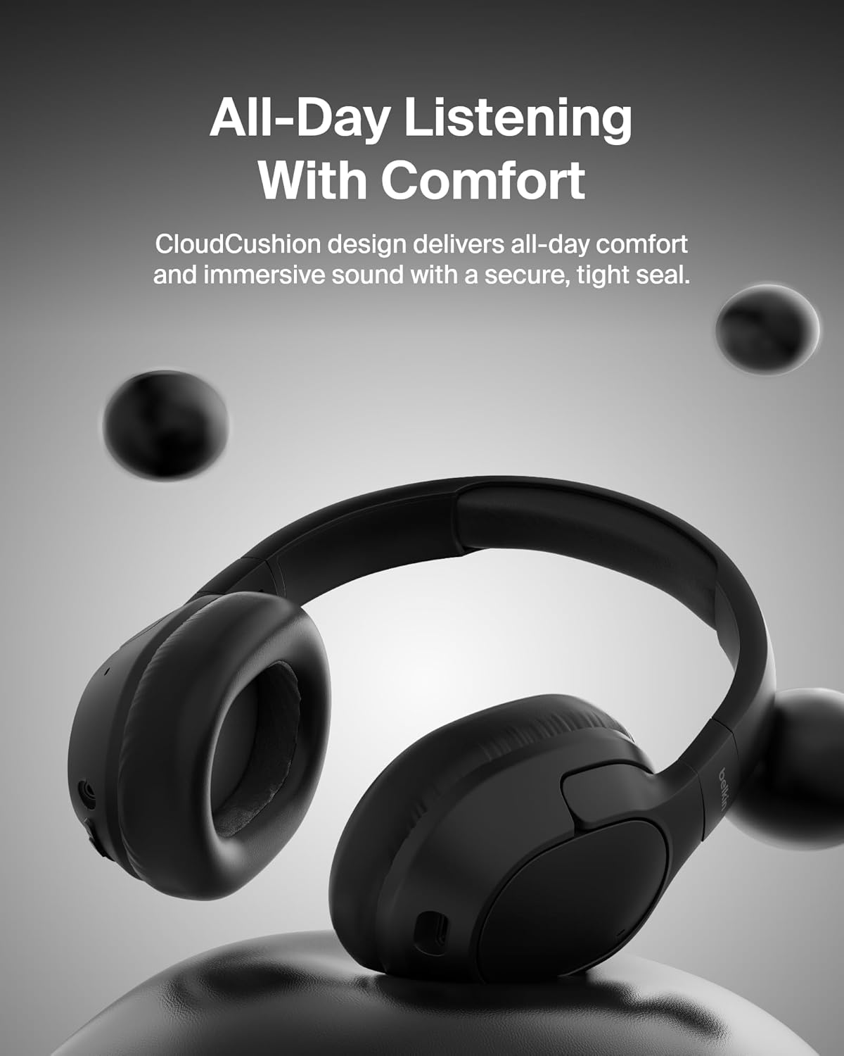 Belkin Soundform Isolate Noise-Cancelling Over-Ear Headphones, Hybrid Active Noise-Cancelling, Wireless, Bluetooth W/ 60H Playtime, Deep Bass, Cloudcushion Ear Cups for Travel, Home, or Office - Black image number 5