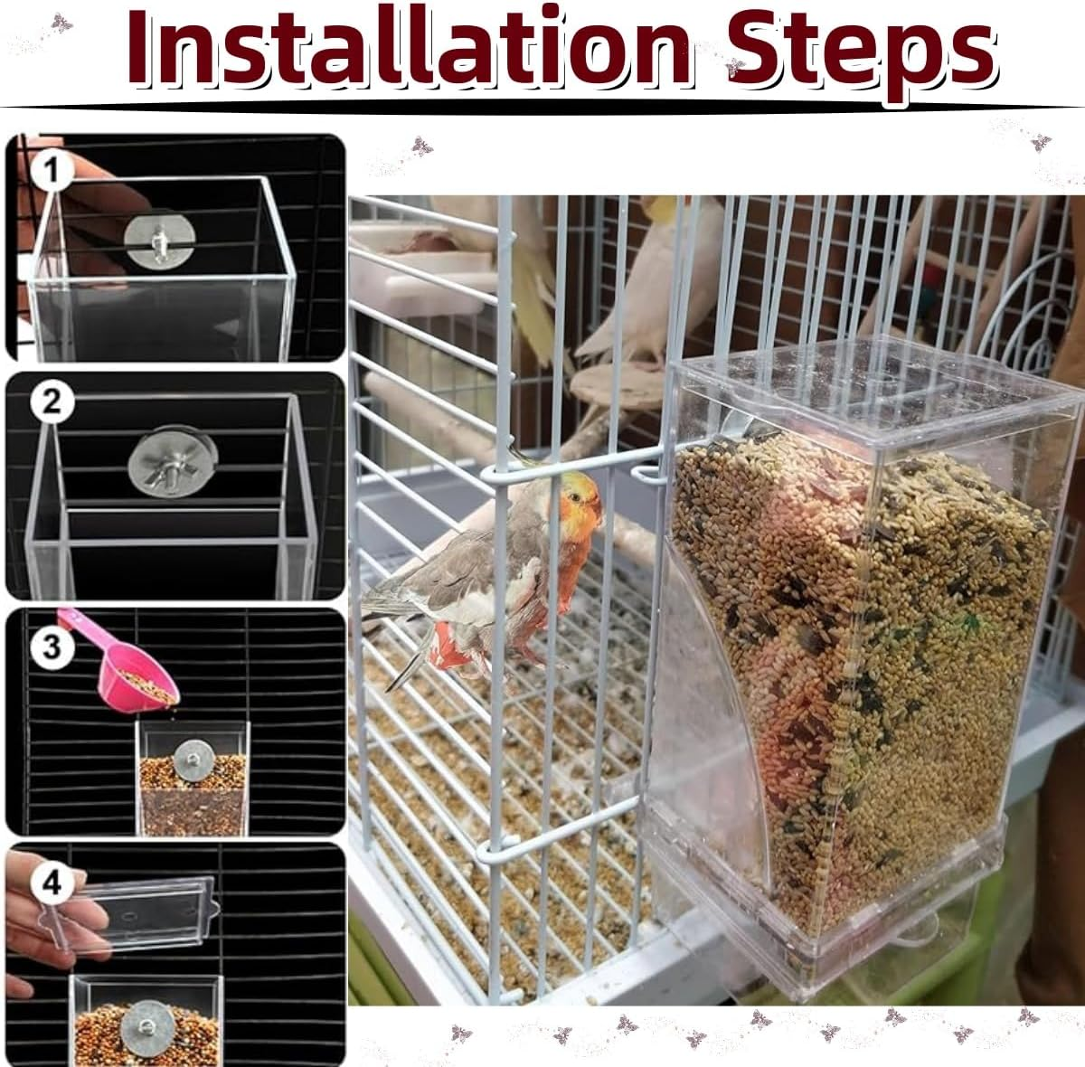 Free Bird Cage Feeders, Automatic Bird Feeders, Clear Acrylic Seed Food Container Cage Accessories, Small Bird Feeders image number 3