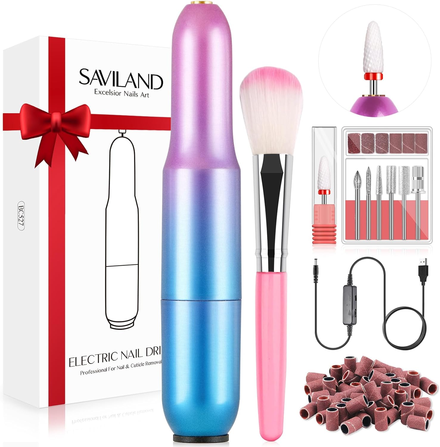 Saviland Portable Electric Nail Drill - 20000 RPM USB Electric Nail File with 7 Nail Drill Bits & 51 Sanding Bands for Nail Prep Acrylic Nails Dip Nails Gel Nails Home Salon Use, Blue-Violet Gradient image number 5