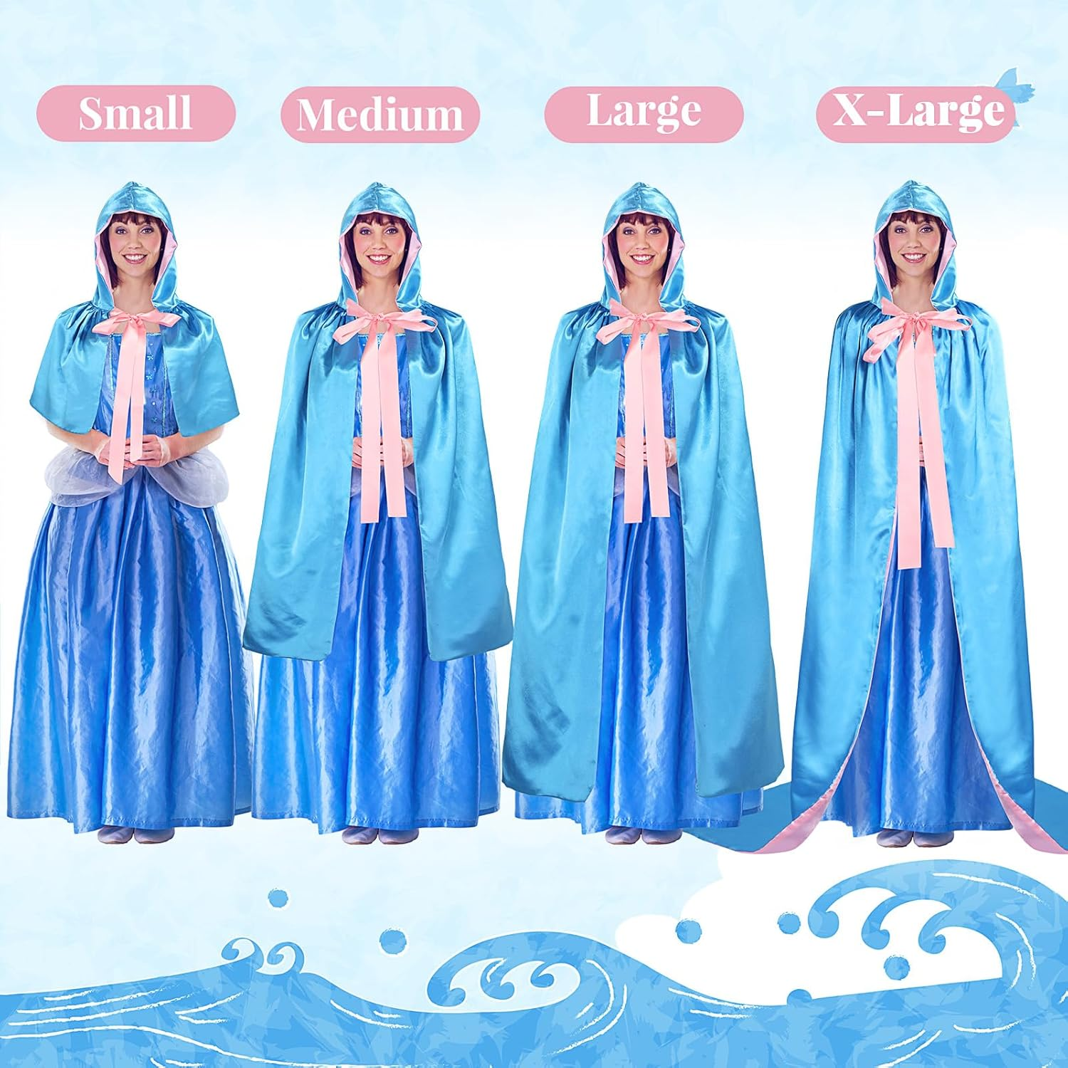 Haysandy Blue Fairy Hooded Cloak Costume, Polyester Cape Cosplay Cloak Princess Costume with Pink Ribbon for Women Girls