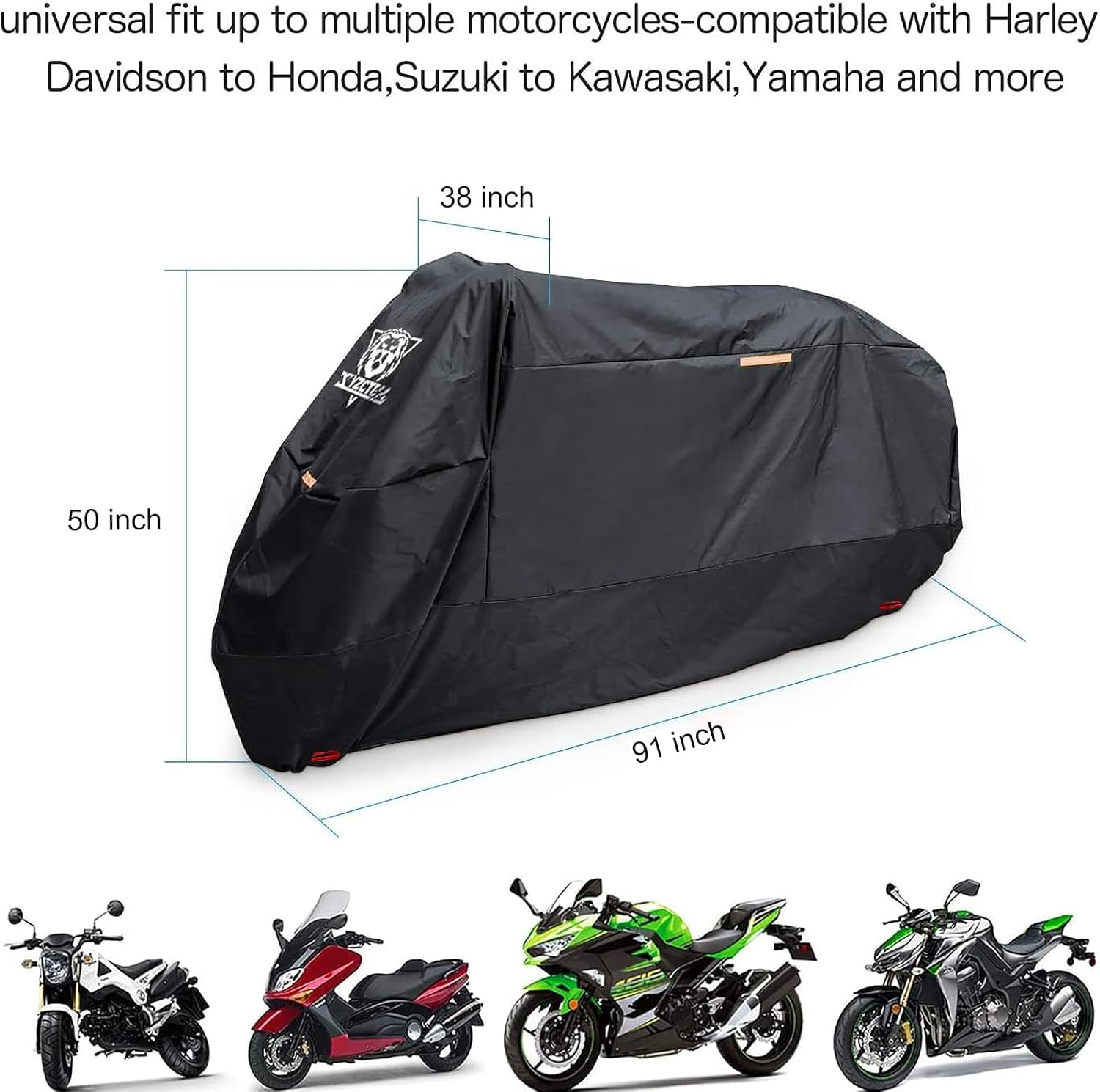 XYZCTEM Motorcycle Cover -Waterproof Outdoor Storage Bag,Made of Heavy Duty Material Fits up to 91 Inch, Compatible with Harley Davison and All Motors(Black& Lockholes& Professional Windproof Strap) image number 1