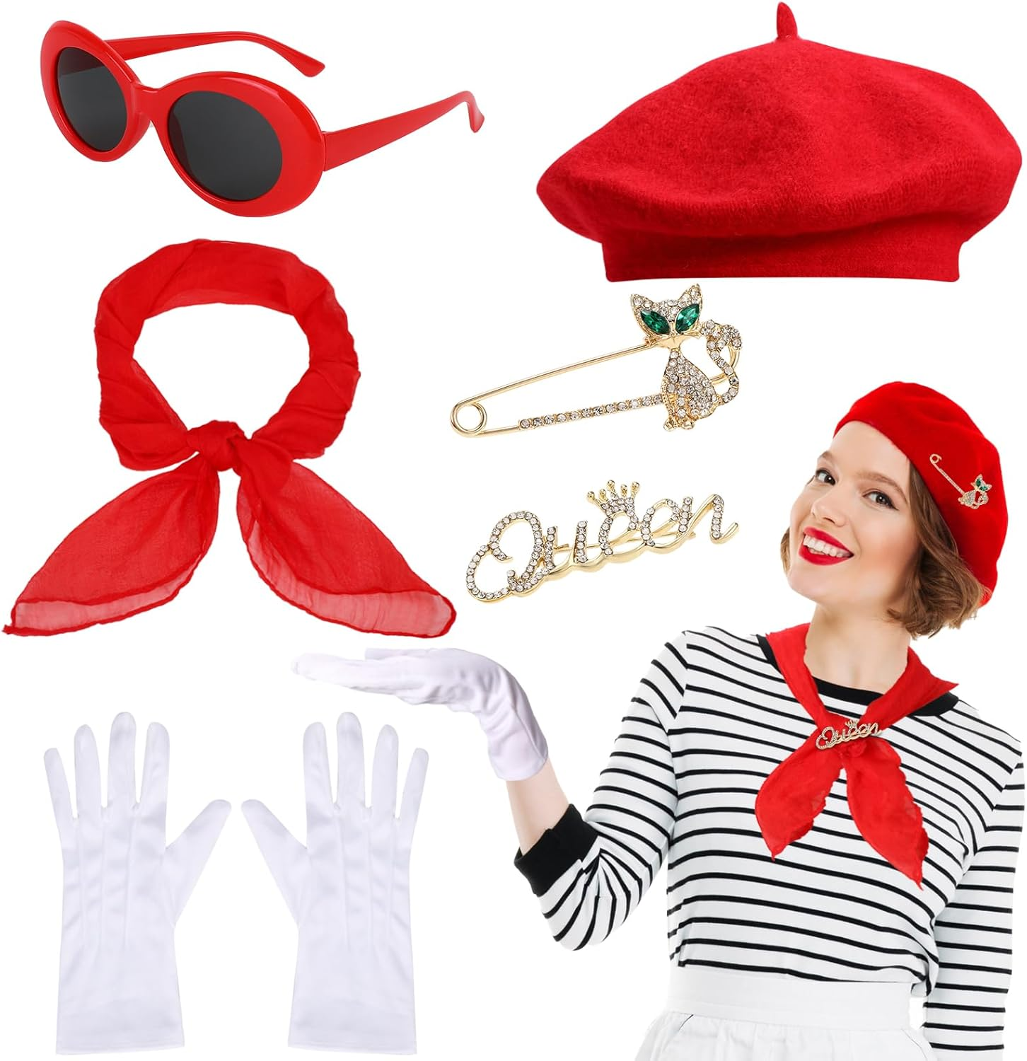 XEPST 6 Piece French Costume Set - 50S Costume for Women with French Beret Hat Sunglasses Scarf Gloves French Artist Kit for Halloween Cosplay Carnival image number 2