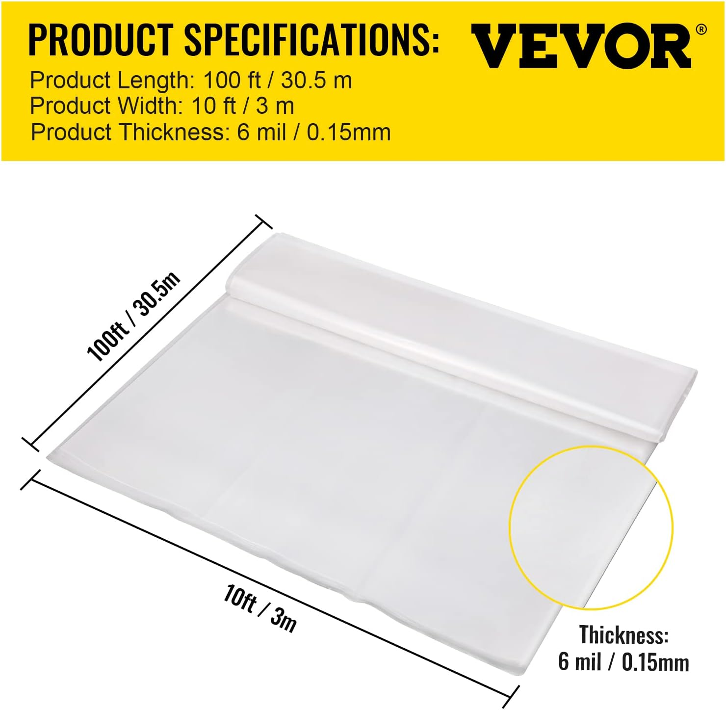 VEVOR 10' X 100' Greenhouse Plastic Sheeting, 6 Mil Thickness, UV Proof, 4 Year Clear Polyethylene Cover, Farm Plastic Supply for Gardening, Farming and Agriculture image number 2