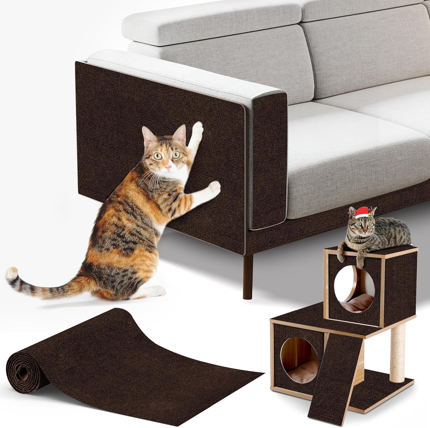Cat Scratching Mat Self-Adhesive, Trimmable Furniture Protector for Couch, Sofa, Wall & Cat Trees - Durable Scratch Pad with Nano Tape, DIY Climbing Carpet for Indoor Cats (Brown, 23.6"X15.8")