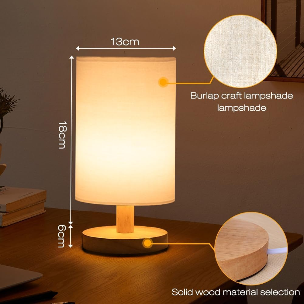 Necomi Bedside Table Lamp, LED Bedrooms Lamps with Remote Control, Dimmable & 3 Color Temperature, USB Power Minimalist Solid Wood round Base with Fabric Shade for Living Room, Kids Room, Office image number 6
