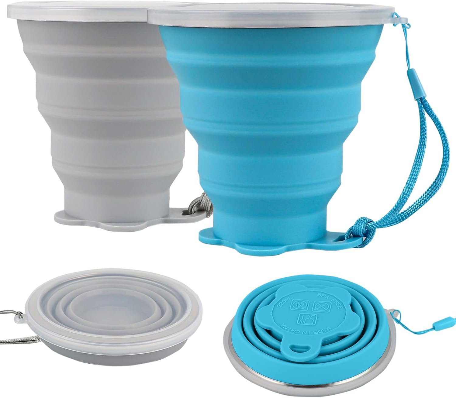 Ddluck Silicone Collapsible Camping Cup, 4 Pack 320Ml Foldable Travel Mug, Folding Portable Cups with Plastic Sealing Lid, Reusable Mugs Set for Picnic, Camping, Office, Outdoor Hiking