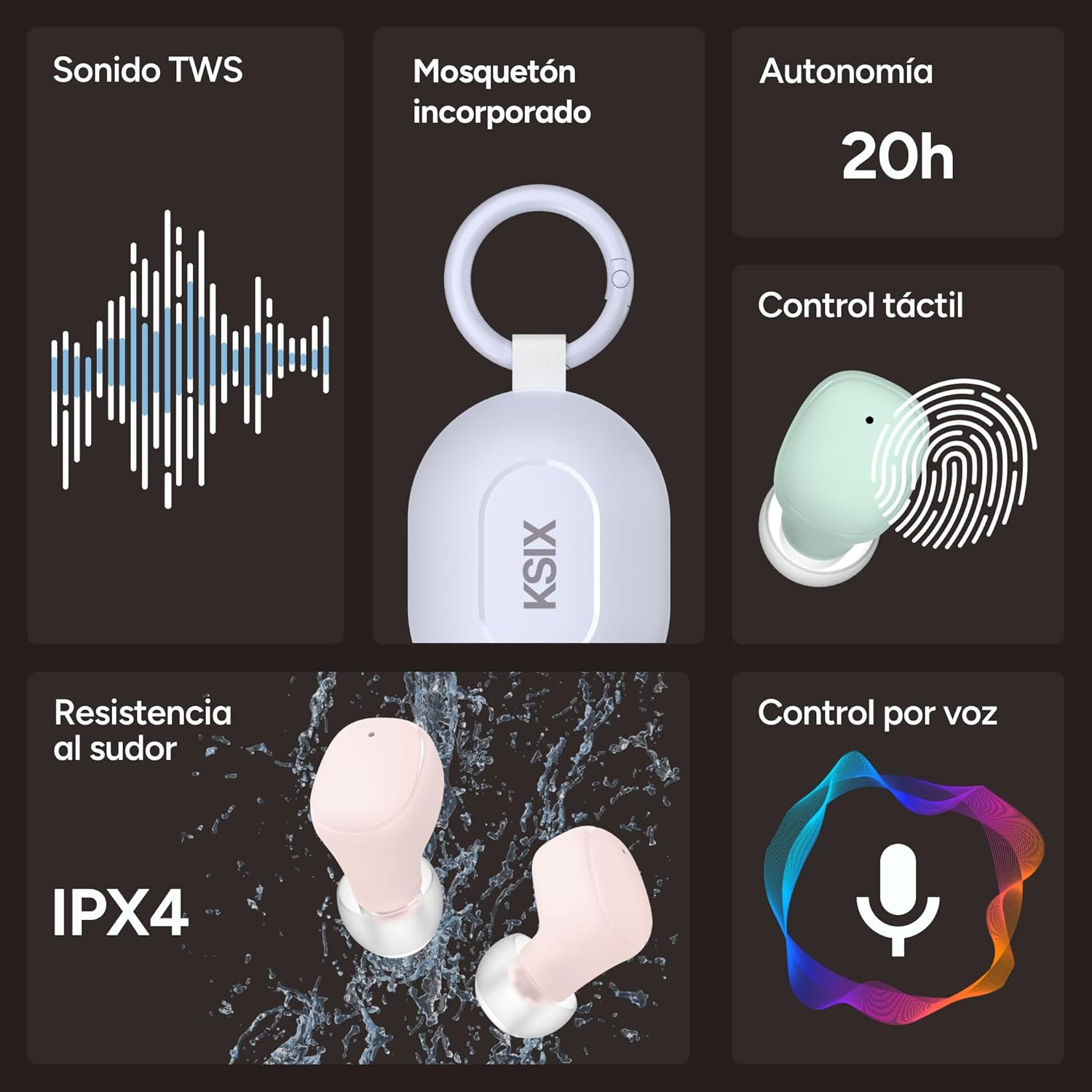 KSIX Neutron Wireless Headphones, True Wireless Stereo, Multifunctional Button, Calls, Voice Assistant, Charging Box with Carabiner, Autonomy 4 Hours + 16 Hours, USB-C, IPX4 Waterproof, Green - Green image number 6