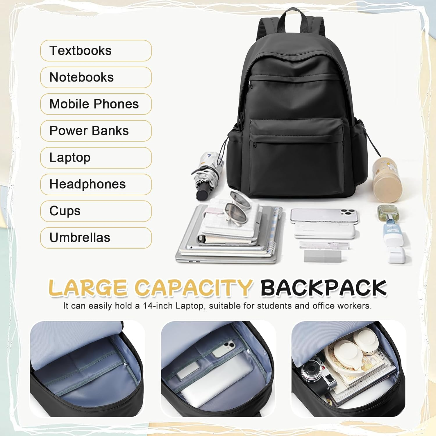 Pakembl School Backpack Womens Causal Travel School Bags 14 Inch Laptop Backpack for Teenage Girls Lightweight Rucksack Water Resistant Bookbag College Boys Men Work Daypack - A5-Black image number 6