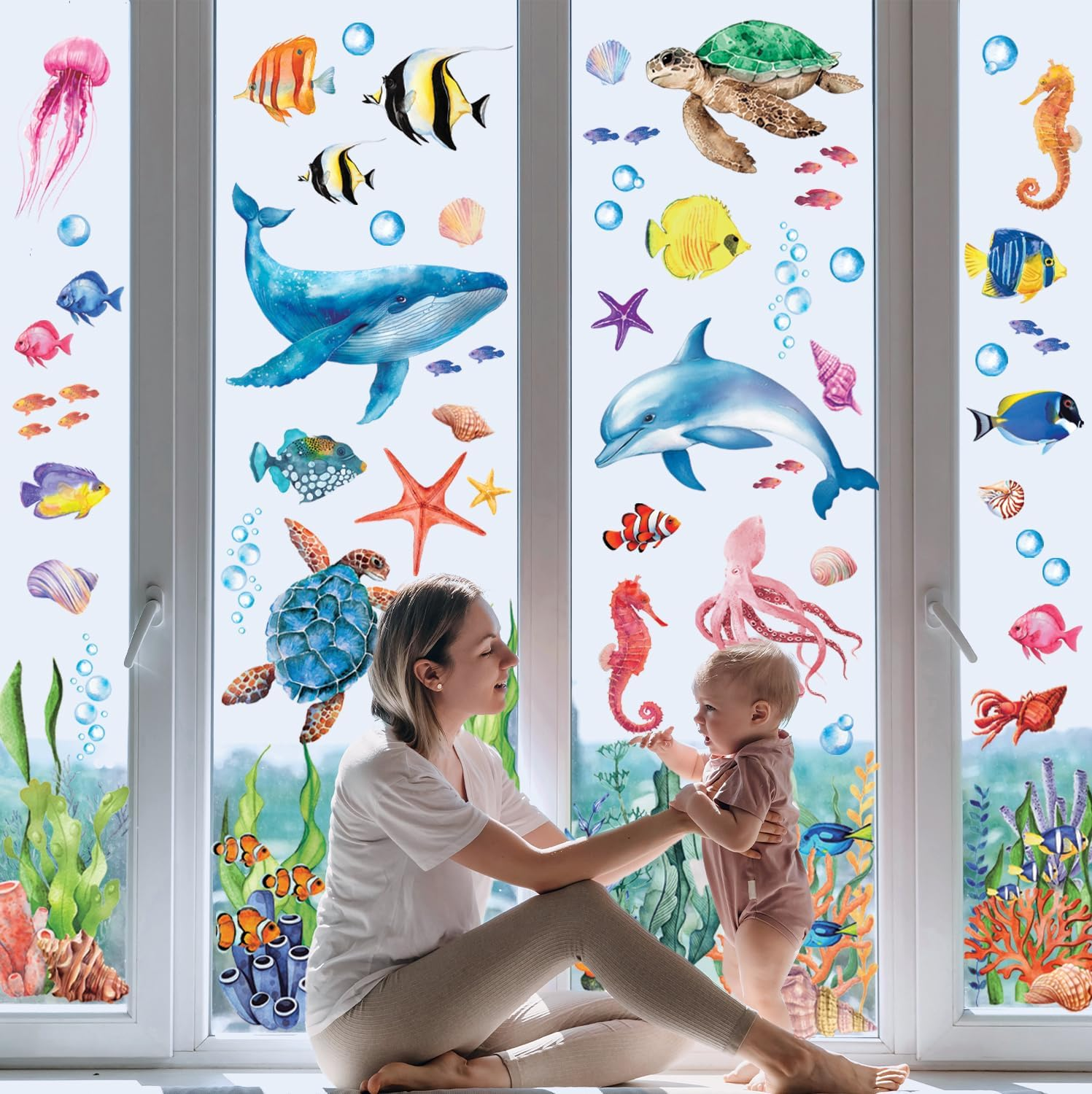 DECOWALL CDS9-9004 under the Sea Window Cling Stickers Ocean Fish Turtle Jellyfish Reuseble Waterproof for Kids School Playroom Nursery Bathroom Home Living Room D&eacute;cor - Double Sided Print image number 3