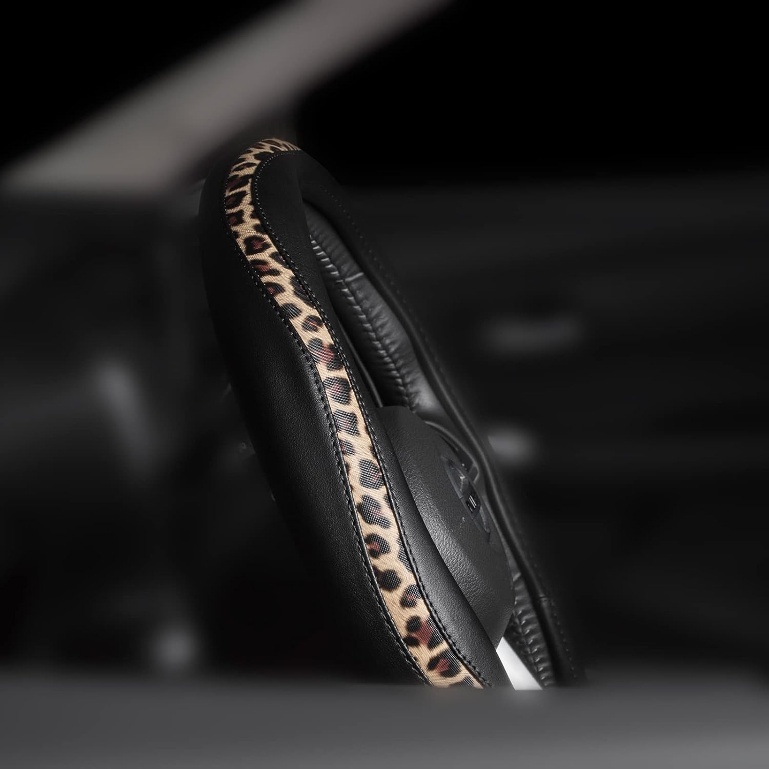 Road Comforts D-Type Steering Wheel Cover - Made with PVC Leather and Leopard Fabric - Universal Fit for 15-Inch D-Shaped Automotive Steering Wheels (Black Color) - Beige image number 6