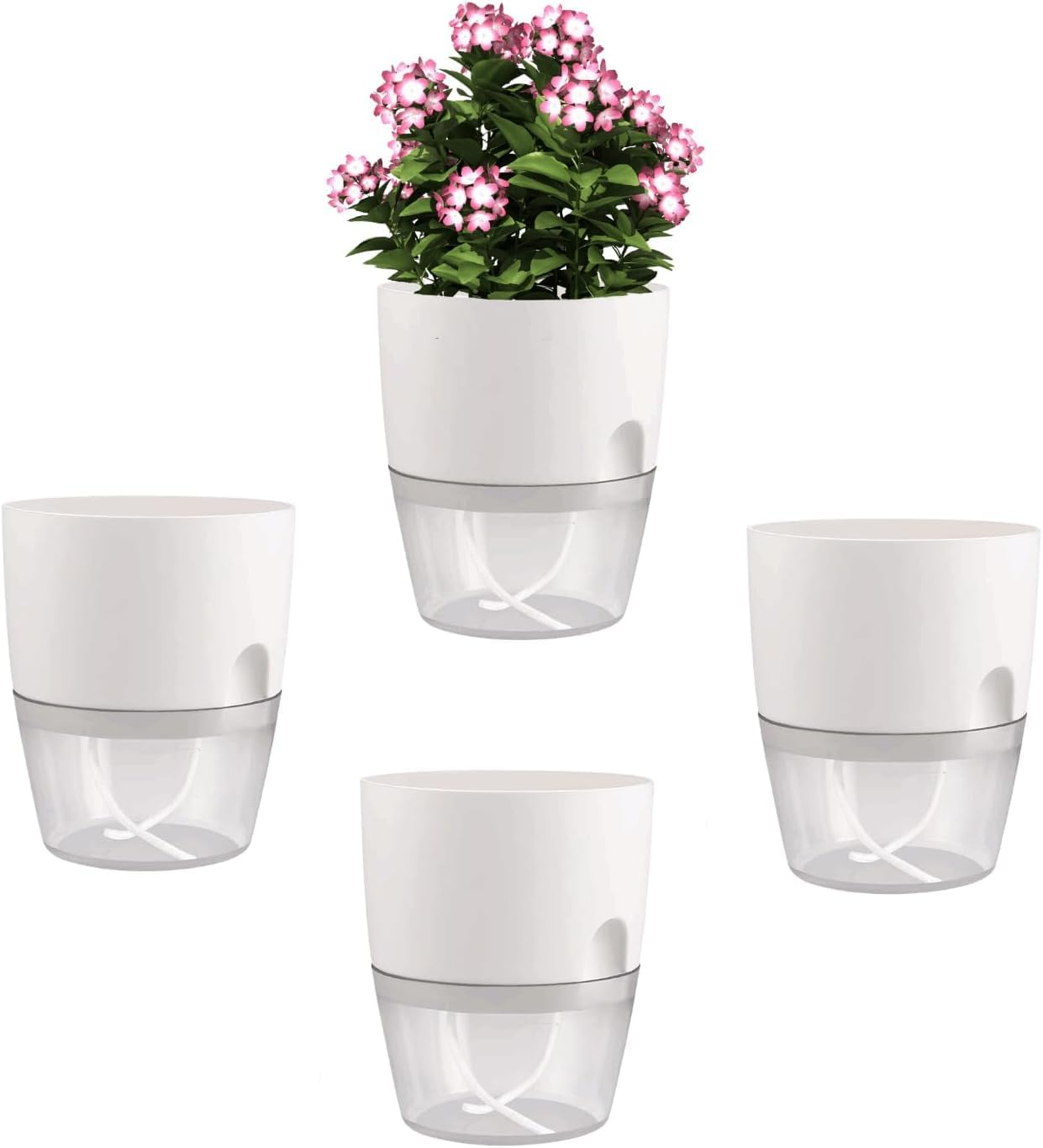3.2 Inch Self Watering Planters Plastic Planter Pots 3 Pack Wicking Flower Pots Modern Decorative Planter for House Plants,Herbs,Indoor Outdoor Plant (White) (6" White-4Pack)