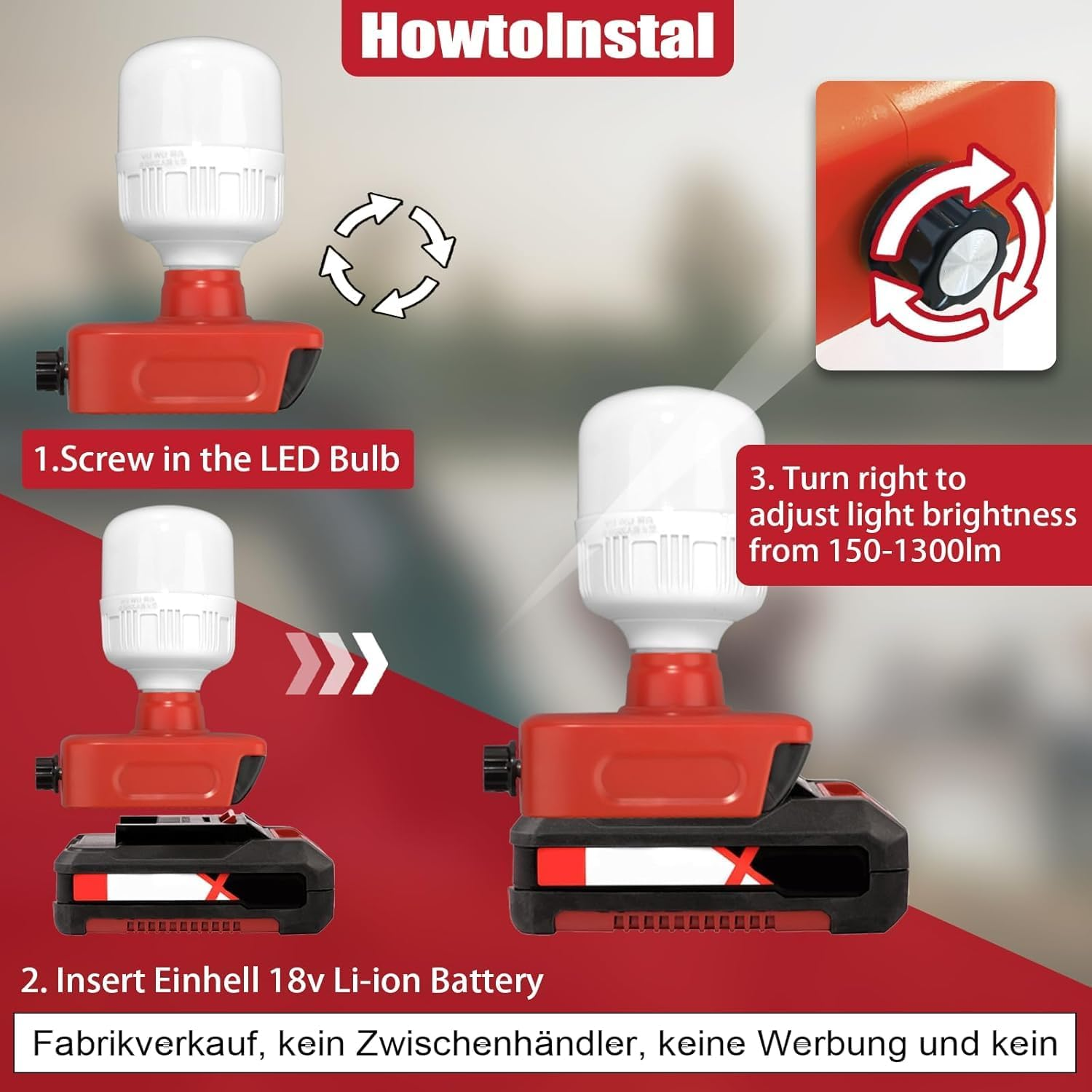 LED Work Light for Einhell Power X-Change 18V Battery,12W LED Spotlight with E27 Bulbs 350-1300Lm Adjustable Brightness for Outdoor Use, for Camping, Car Repairing, Emergency and Job Site Lighting image number 5