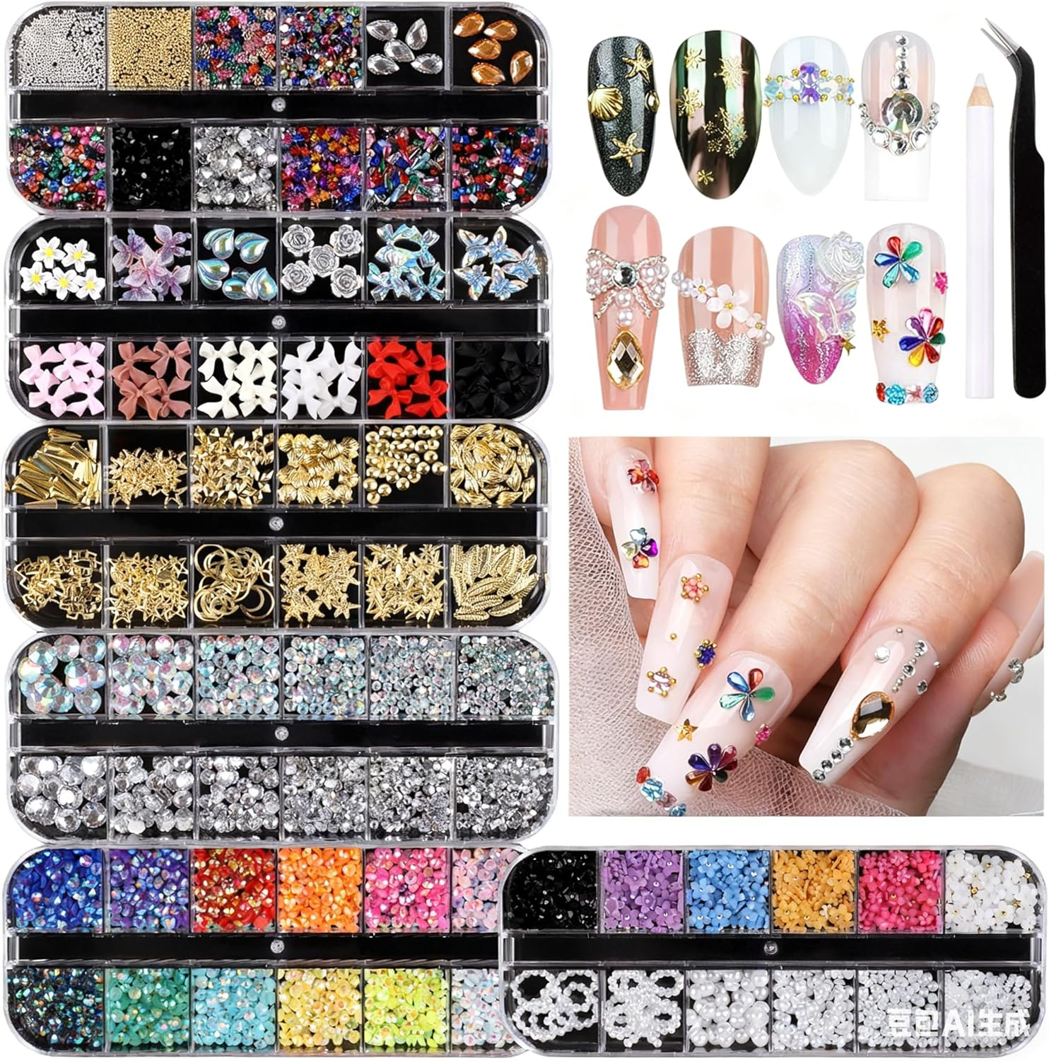 Nail Charms, Nail Rhinestones Kit with 6 Boxes of Nail Gems, 3D Charms for Nails, Colorful Clear Flatback Rhinestones, Charms Y2K for Nails, Multi Shape Pearls Jewels for Crafts image number 3